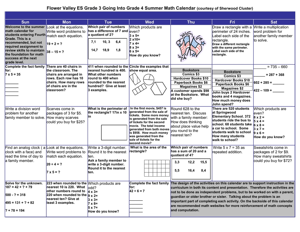 Flower Valley Es Grade 3 Going Into Grade 4 Summer Math