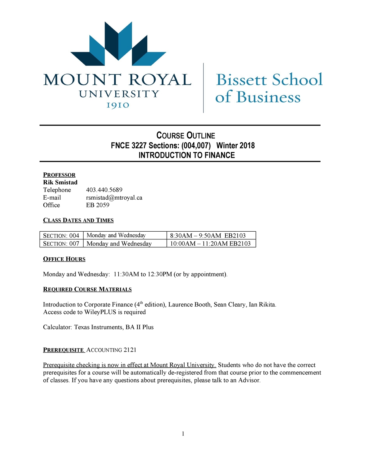 Fnce 3227 004 &amp; 007 Course Outline W18 - Fnce 3227 - Mru