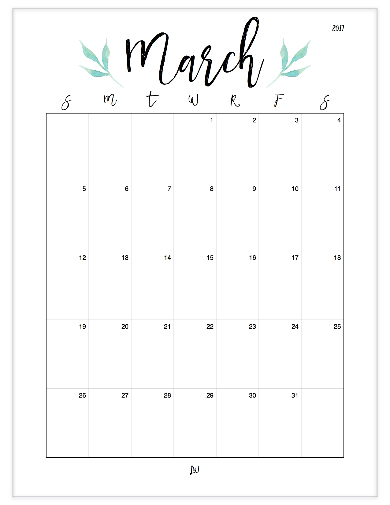 Free 2017 Watercolor Leaf Printable Calendar | Print
