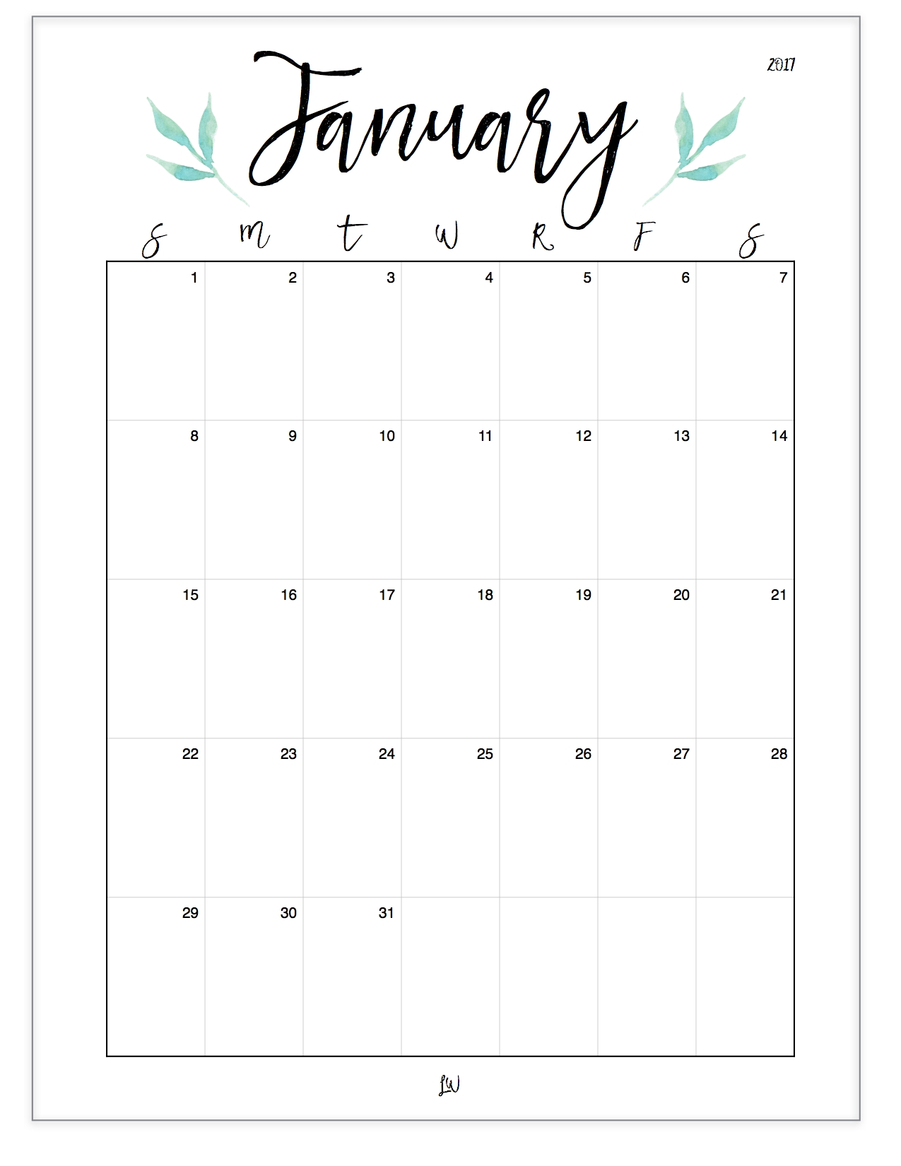 Free 2017 Watercolor Leaf Printable Calendar | Printable