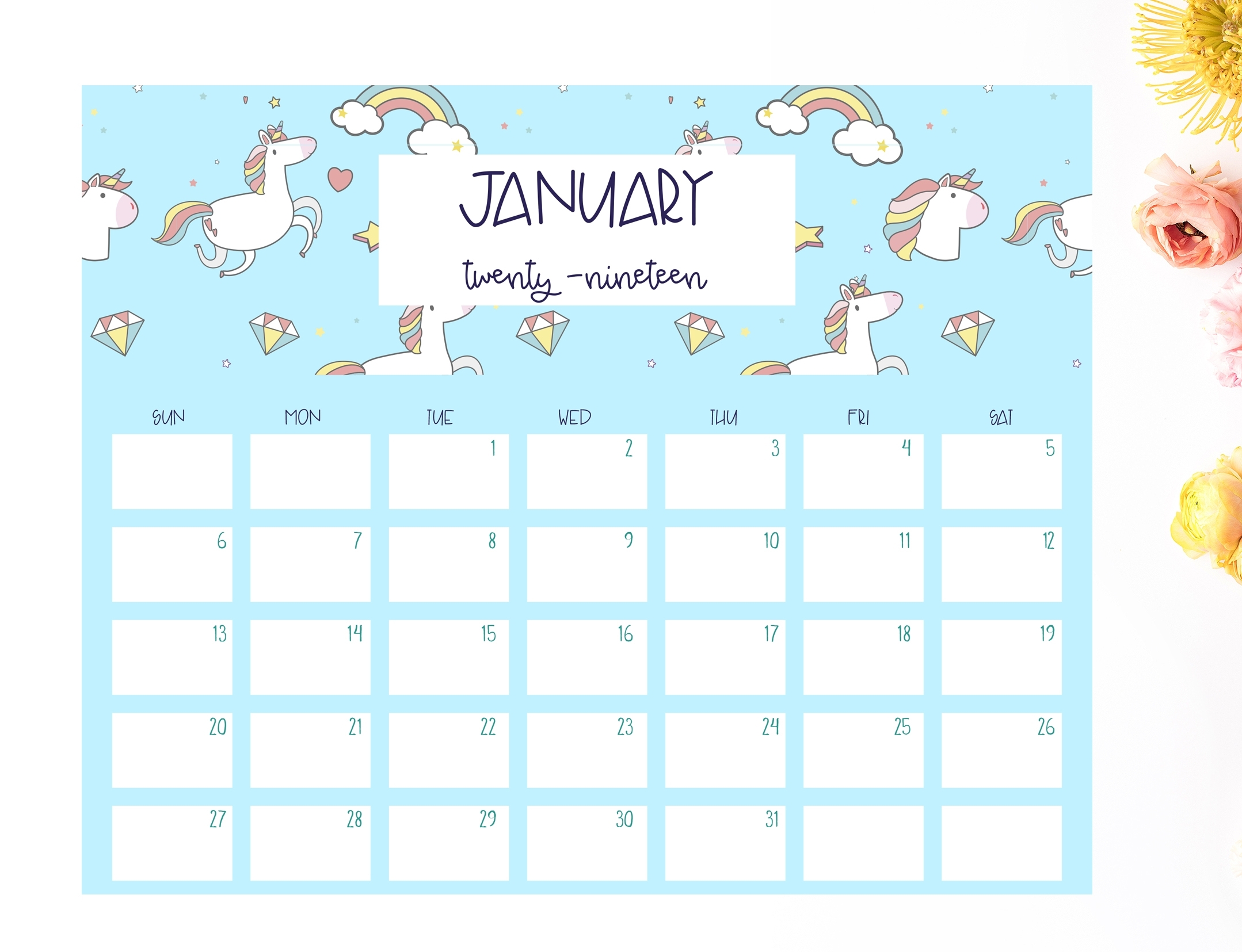 Free 2019 Unicorn Calendar - Shabby Mint Chic Party