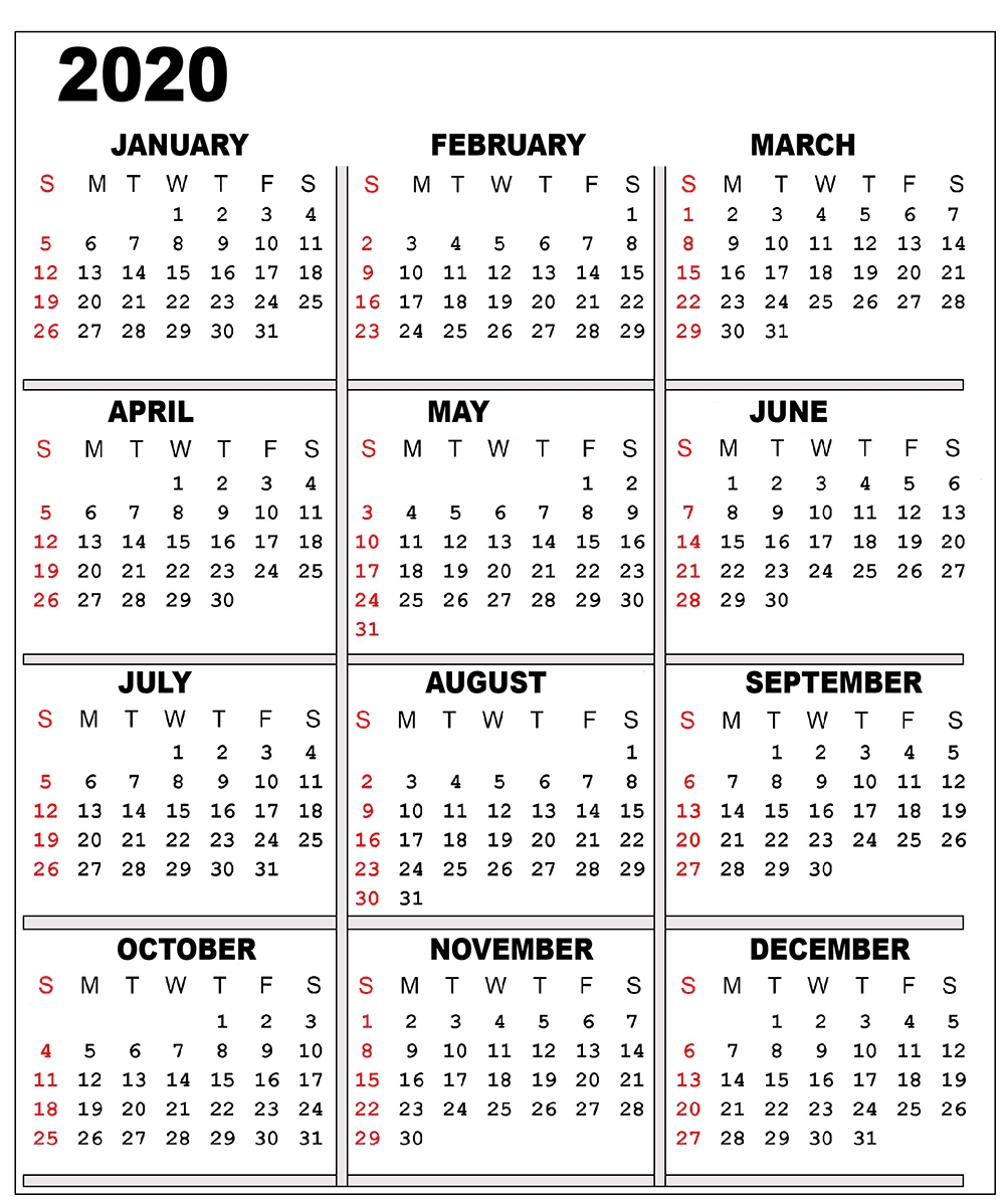Free 2020 One Page Calendar Printable Templates | Printable