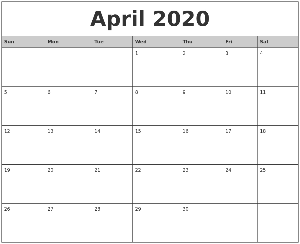 Free 25+ Unique Blank Calendar April 2020 Fillable Editable