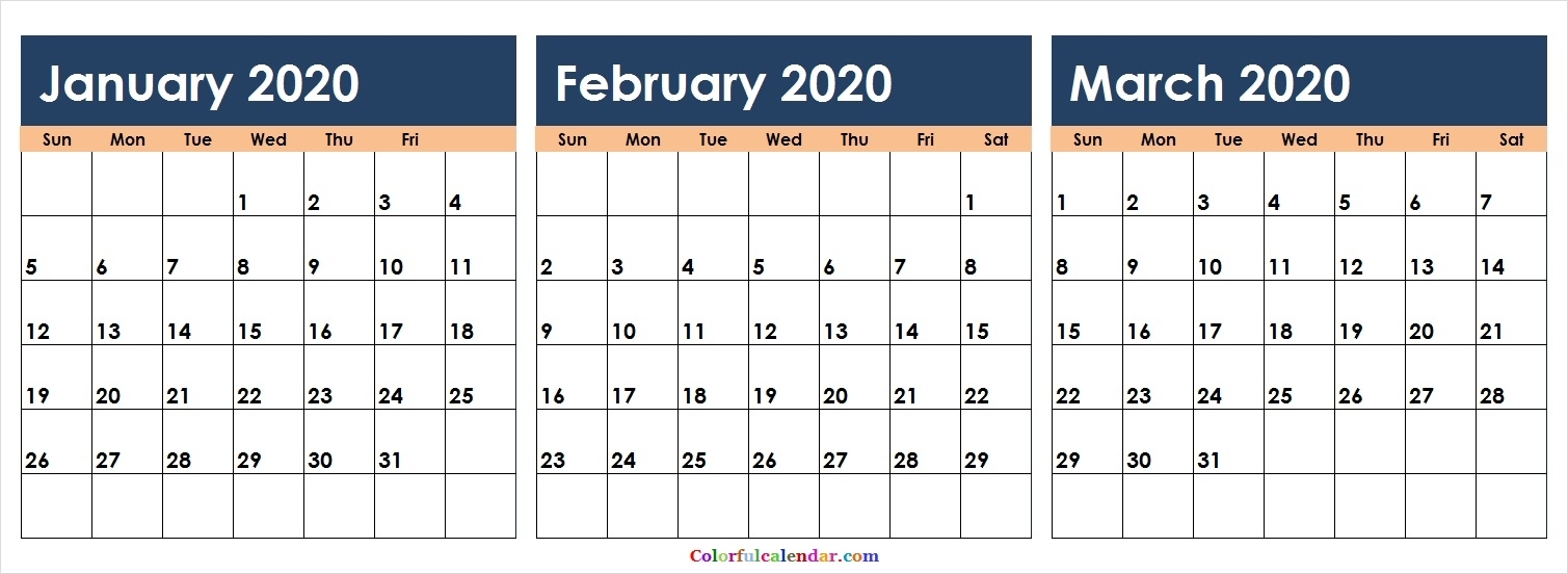 Calendar 2020 January February March Month Calendar Printable