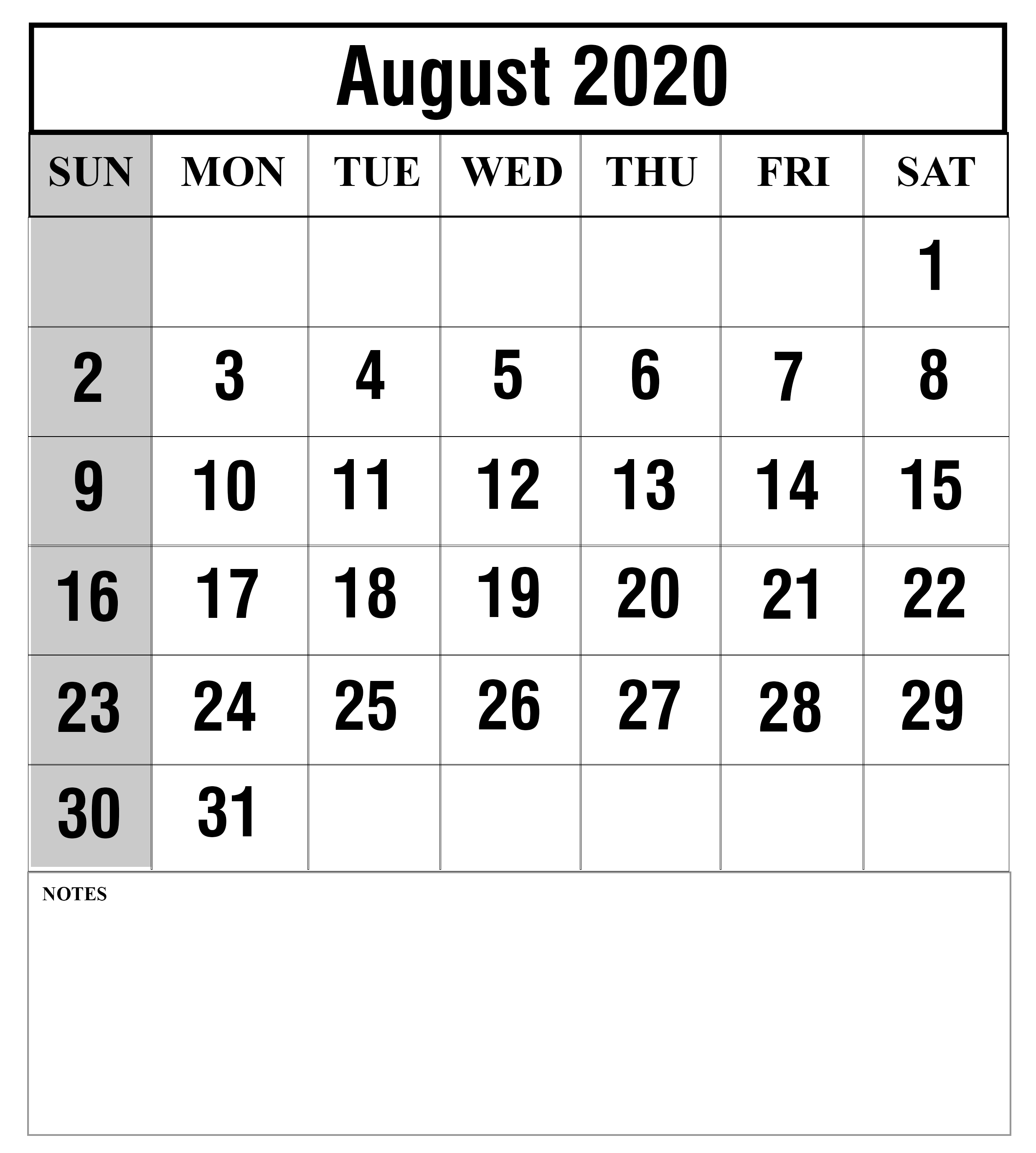 Free August 2020 Calendar Printable Template With Holidays