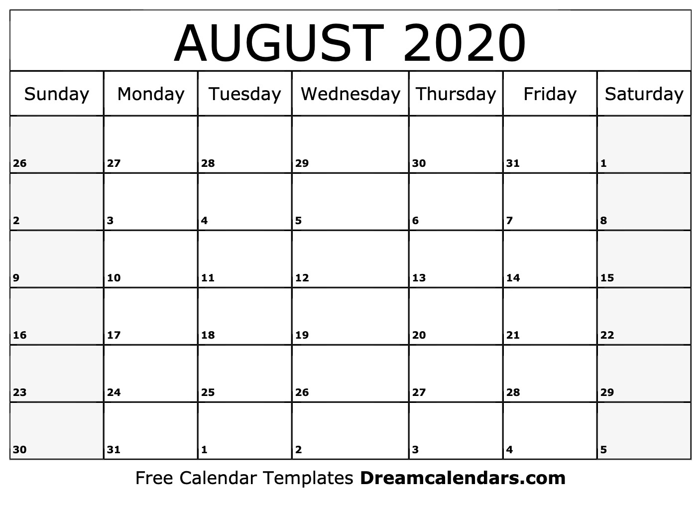 Free August 2020 Printable Calendar | Dream Calendars