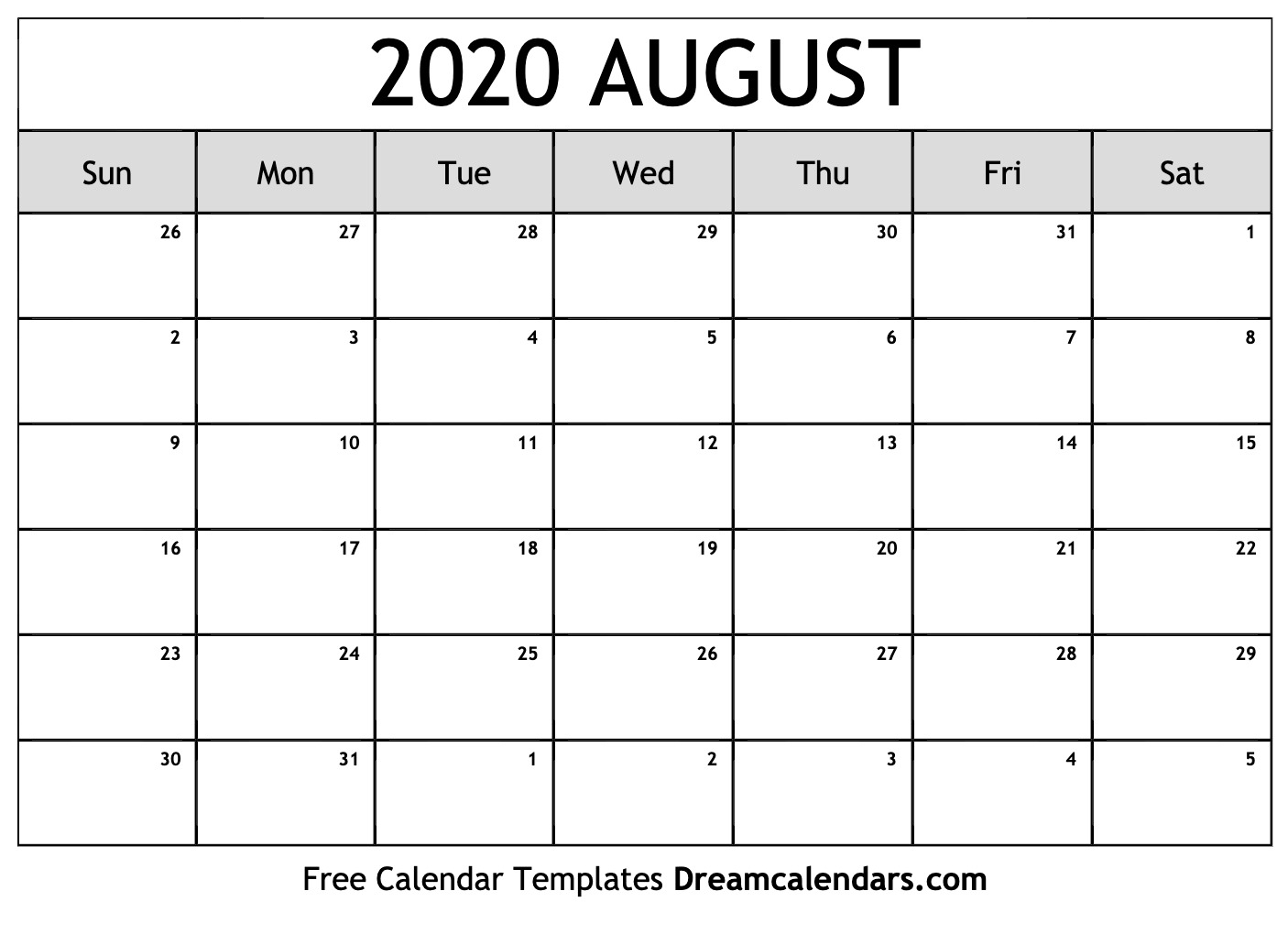 Free August 2020 Printable Calendar | Dream Calendars