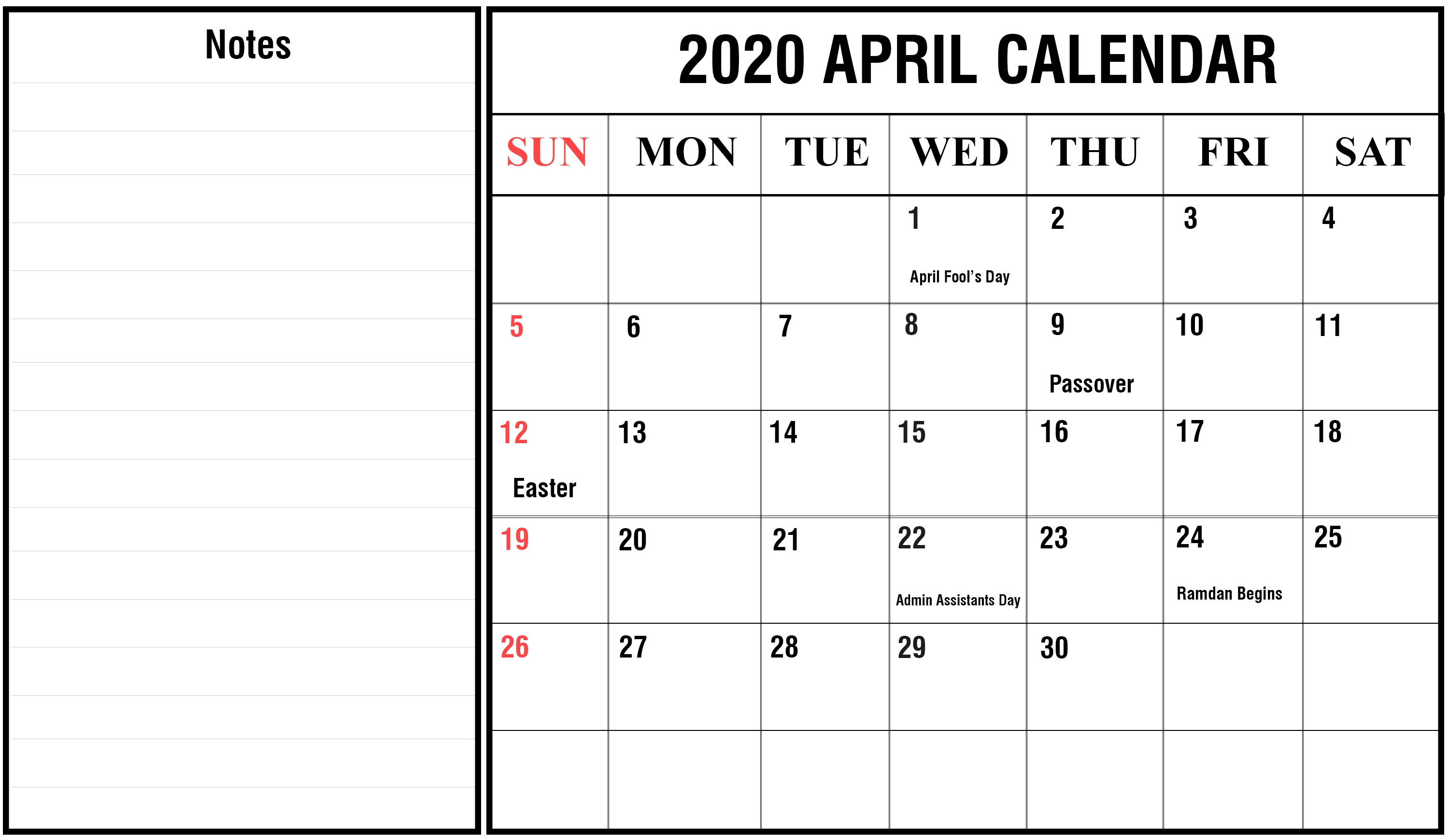 Free Blank April 2020 Printable Calendar [Pdf, Excel &amp; Word