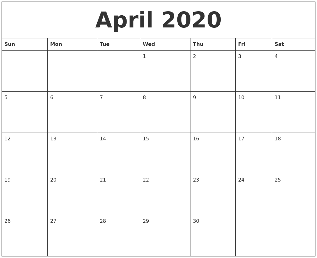 Free Blank April Calendar 2020 Printable Template Editable