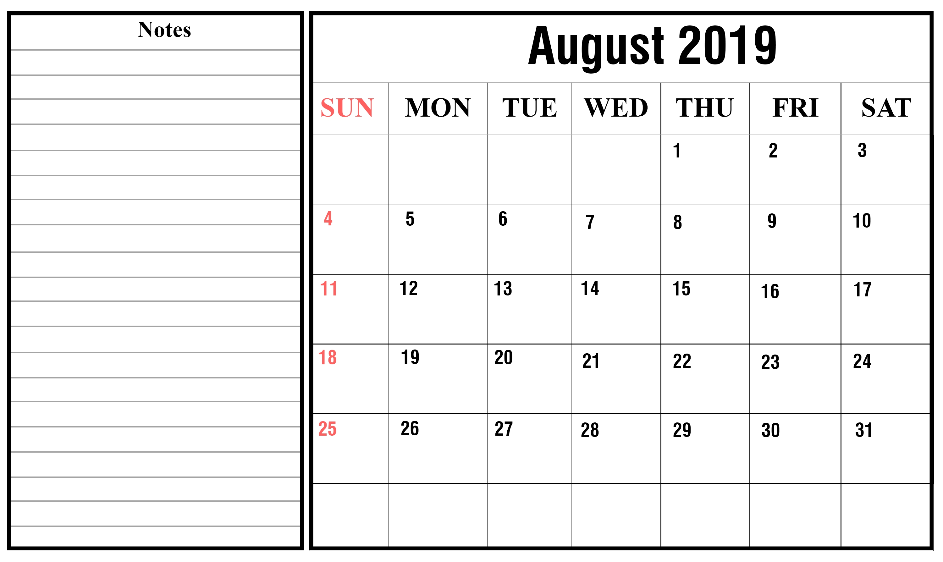 Free Blank August Calendar 2019 Printable Template