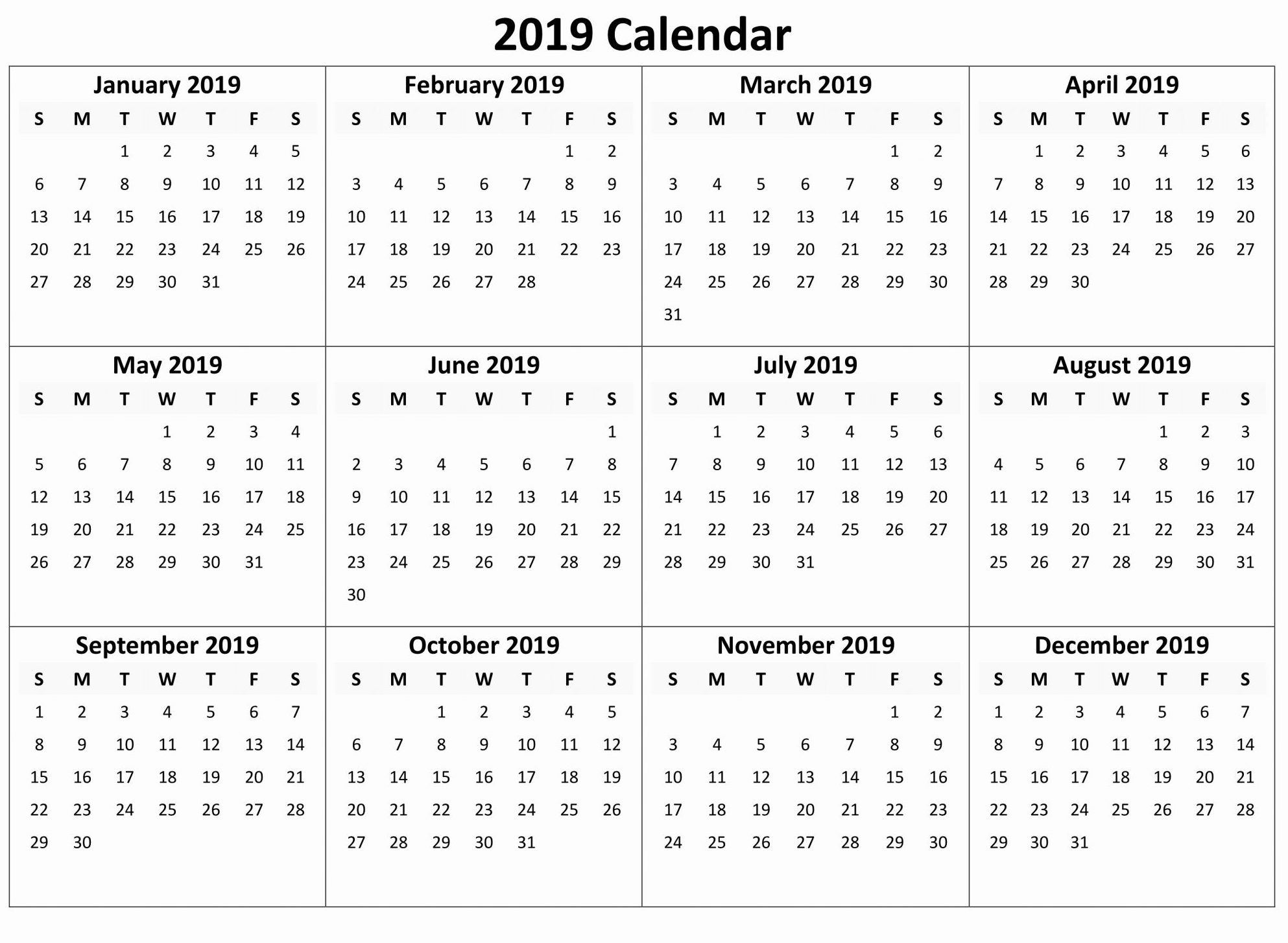 Free Blank Printable Calendar 2019 With Holidays Template
