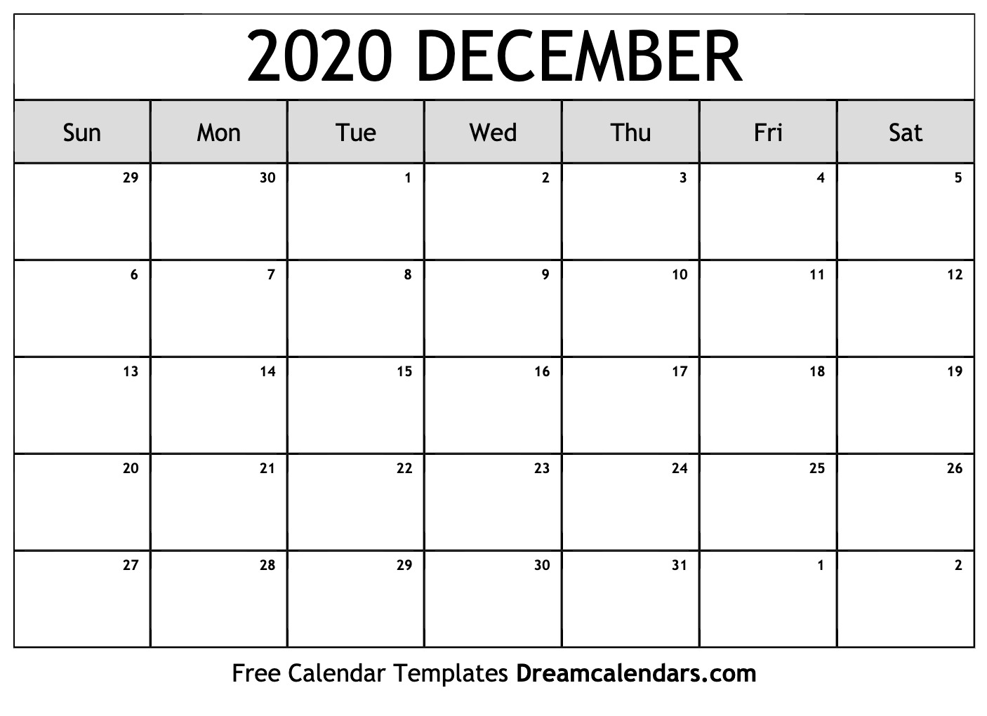 Free December 2020 Printable Calendar | Dream Calendars