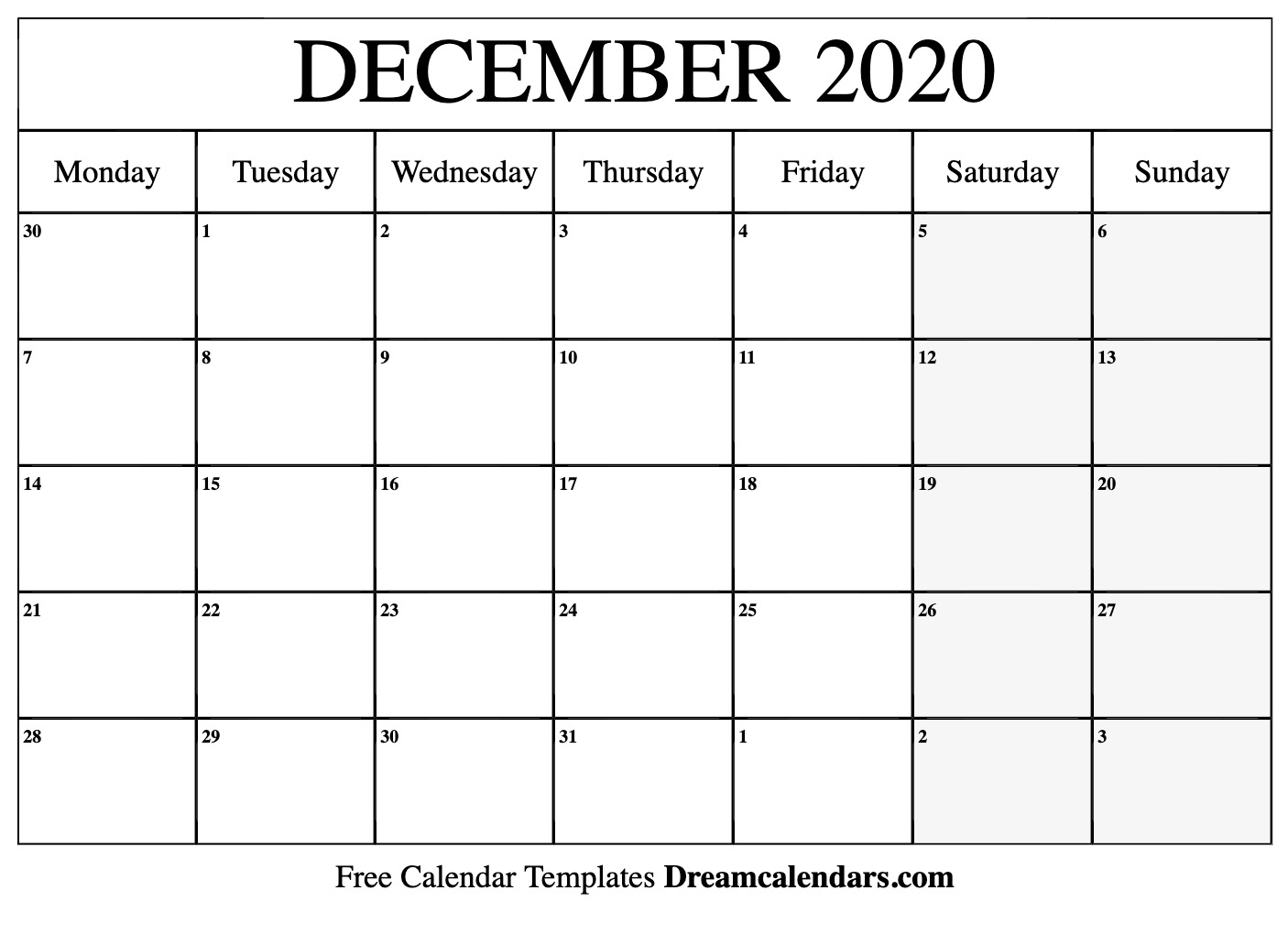 Free December 2020 Printable Calendar | Dream Calendars