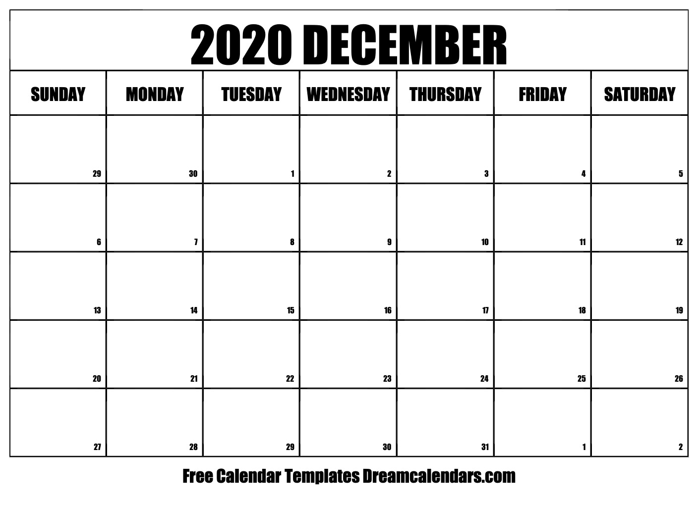 Free December 2020 Printable Calendar | Dream Calendars