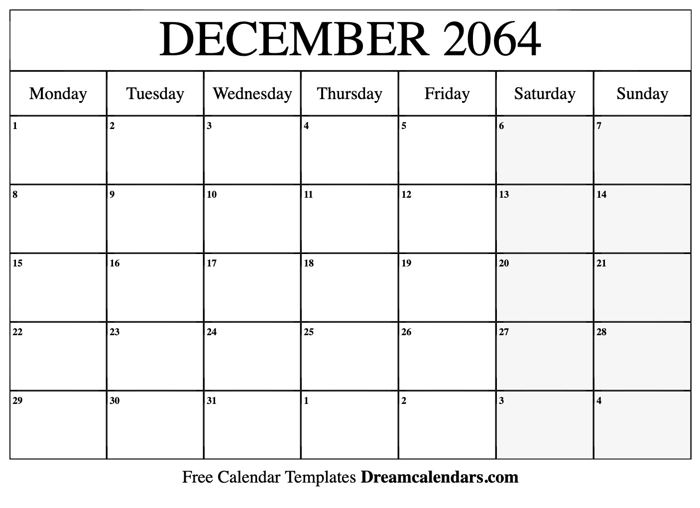 Free December 2064 Printable Calendar | Dream Calendars