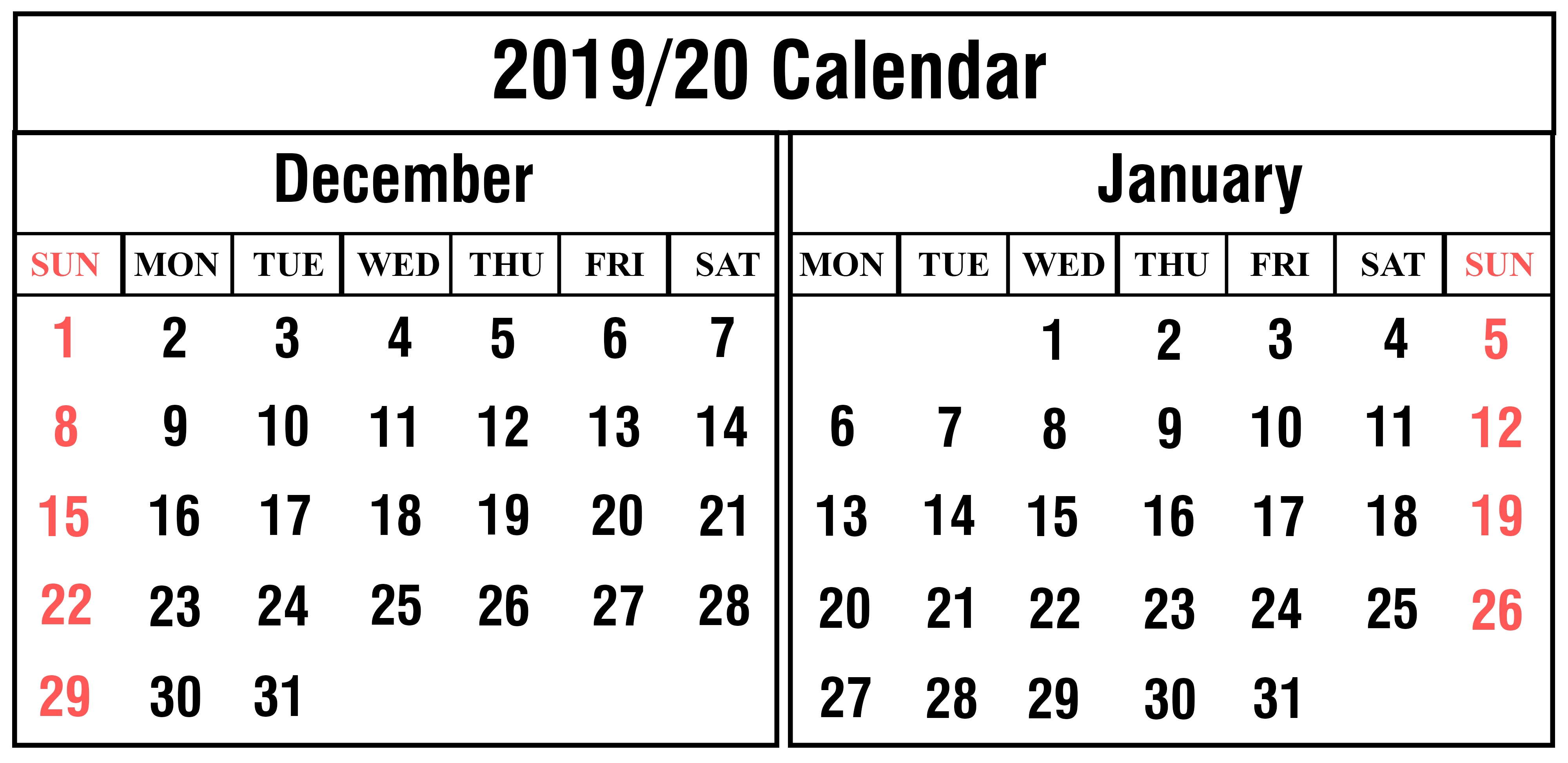 Free December And January 2019-2020 Calendar Printable