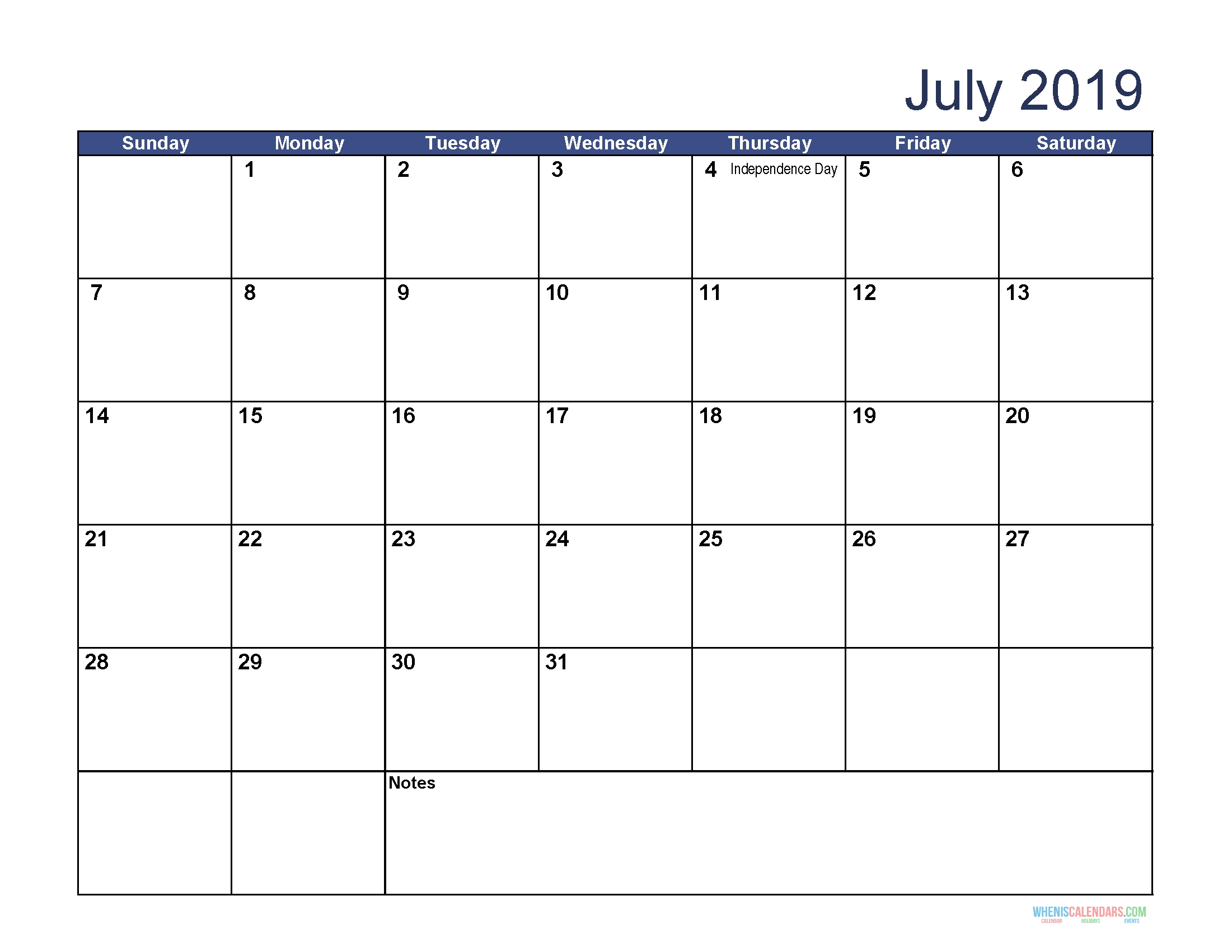 Free Download Printable July 2019 Calendar With Holidays