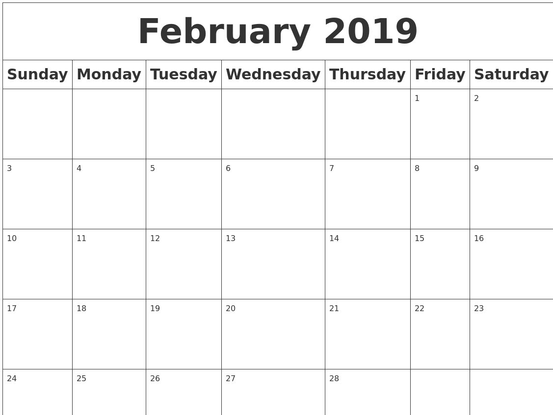 Free February 2019 Calendar Pdf Excel Word Free Calendar And