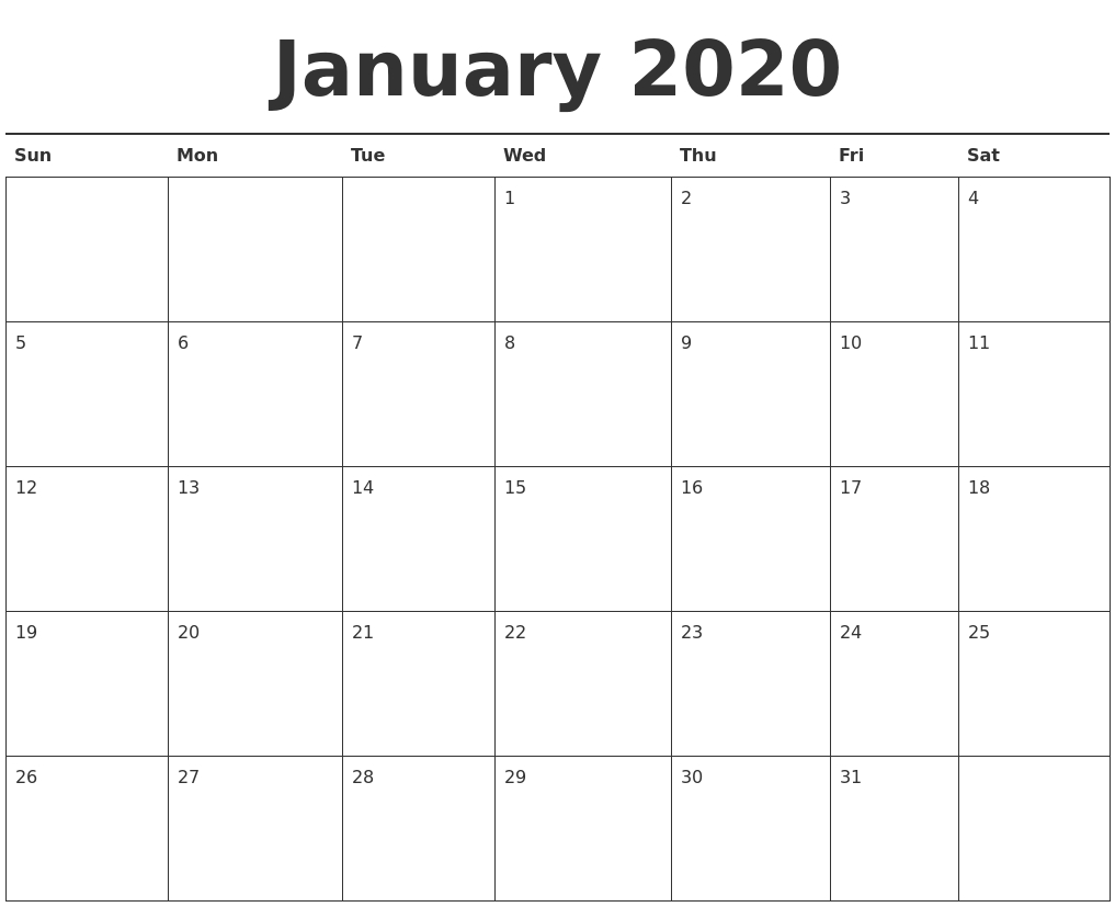 Free January 2020 Printable Calendar - Create Your Editable