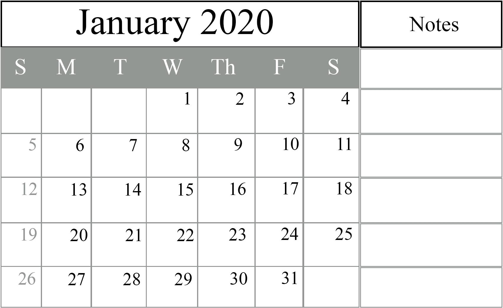 Free January 2020 Printable Calendar In Pdf, Excel &amp; Word