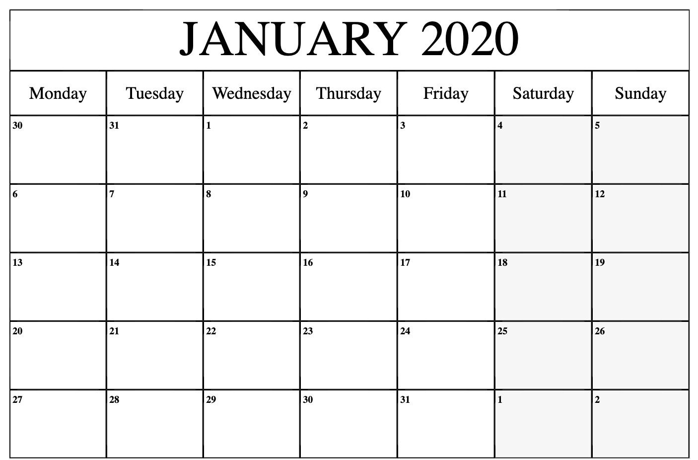 Free January Calendar 2020 Printable Template Blank In Pdf
