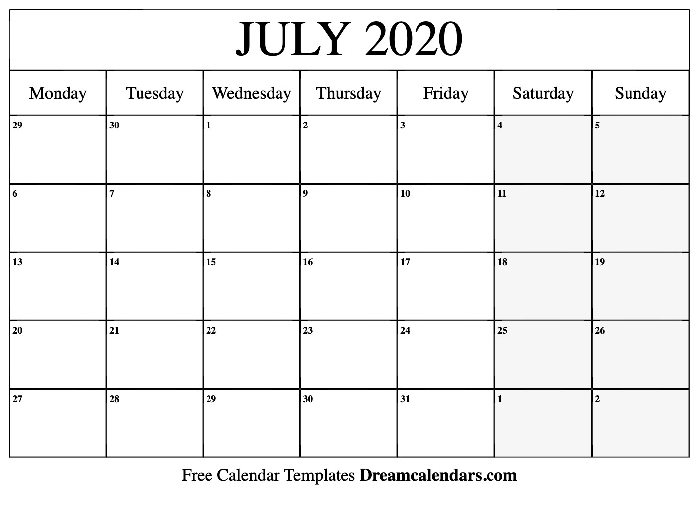 Free July 2020 Printable Calendar | Dream Calendars