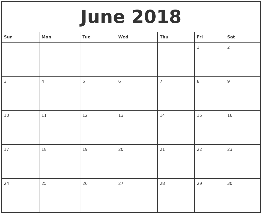 Free June 2018 Calendar Printable Blank Templates - Word Pdf