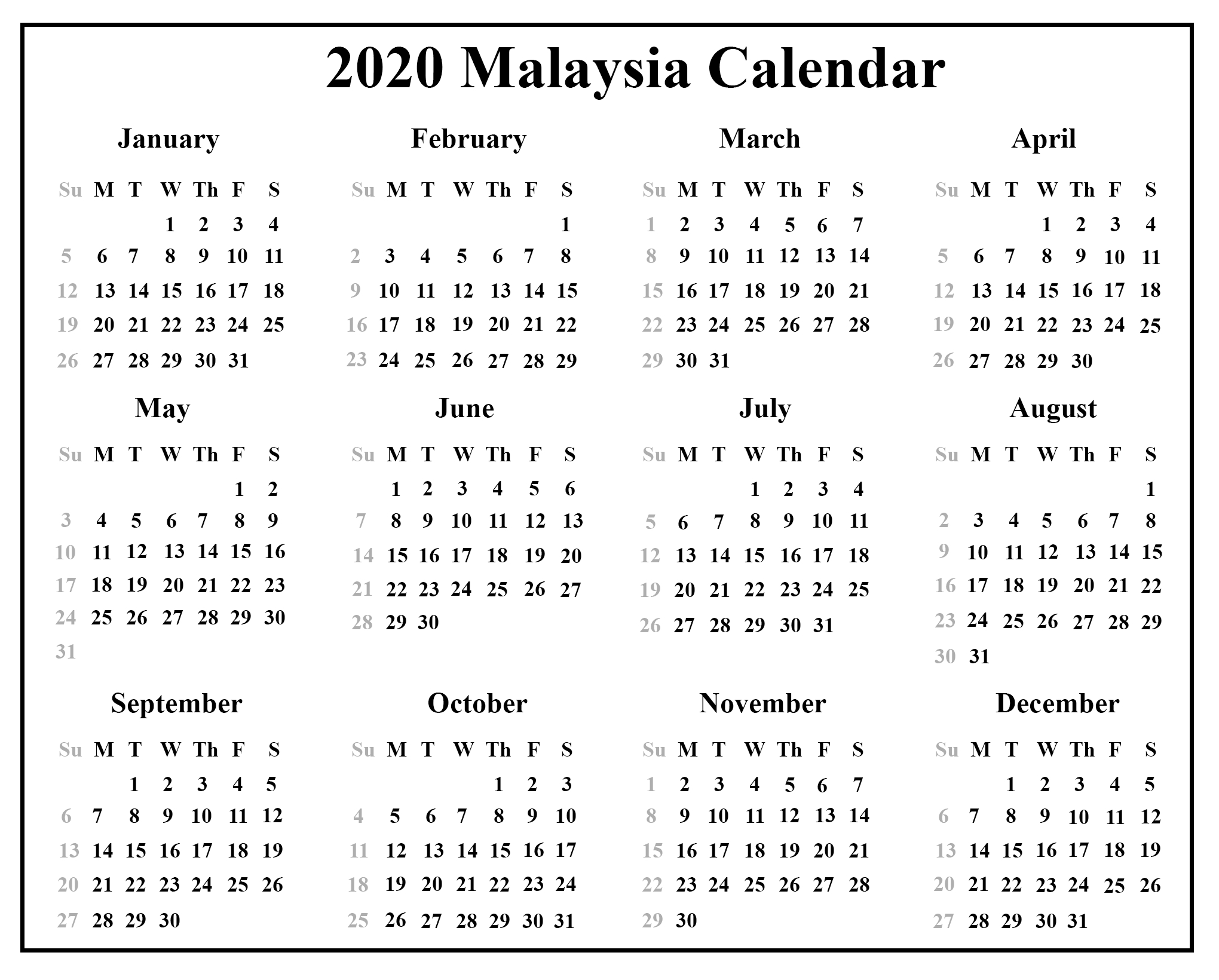 Free Malaysia Calendar 2020 With Holidays {Pdf &amp; Excel