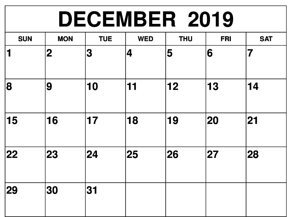 Free Monthly Blank December Calendar 2019 Printable Template