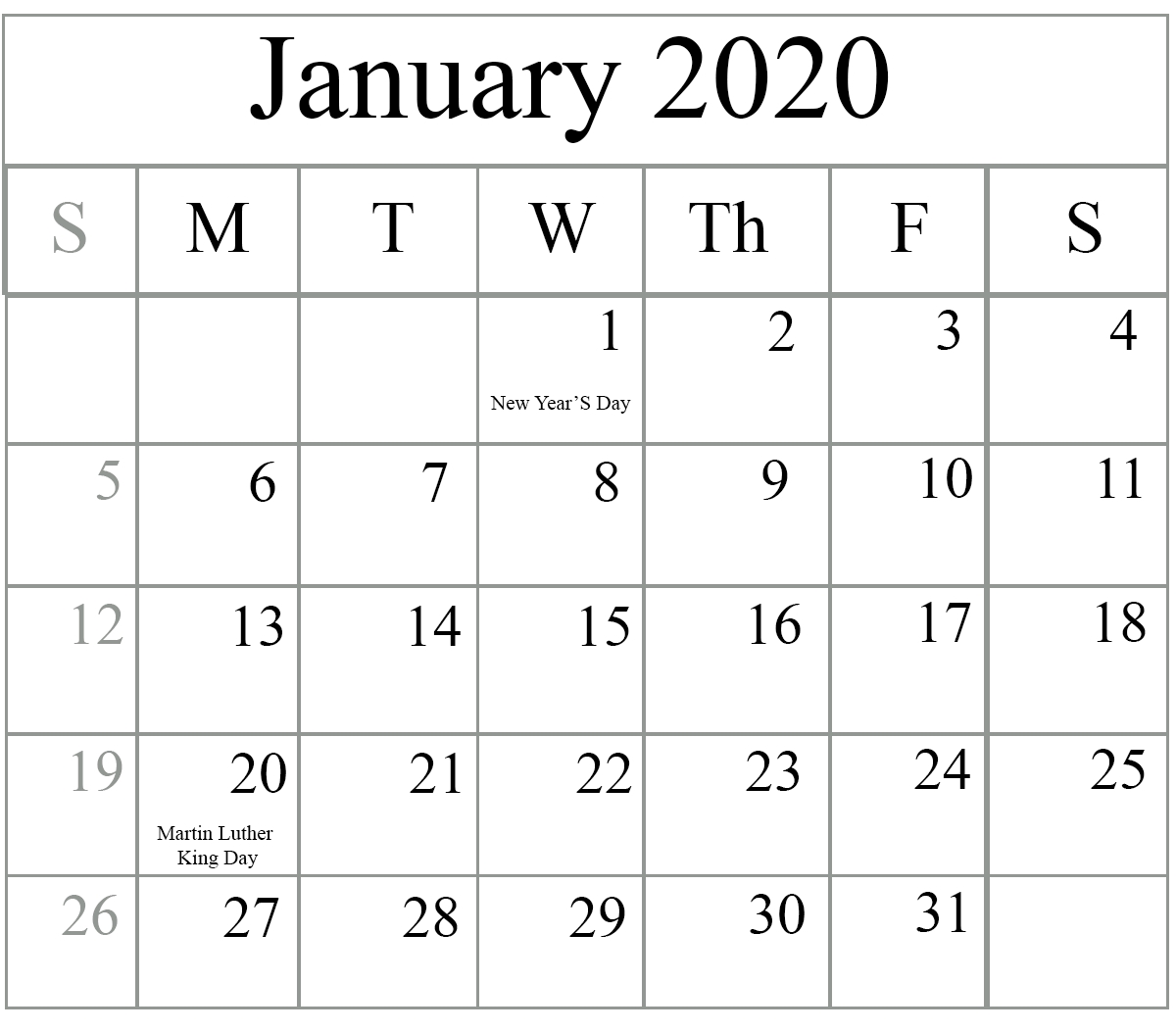 Free Monthly January 2020 Calendar Word Excel Landscape