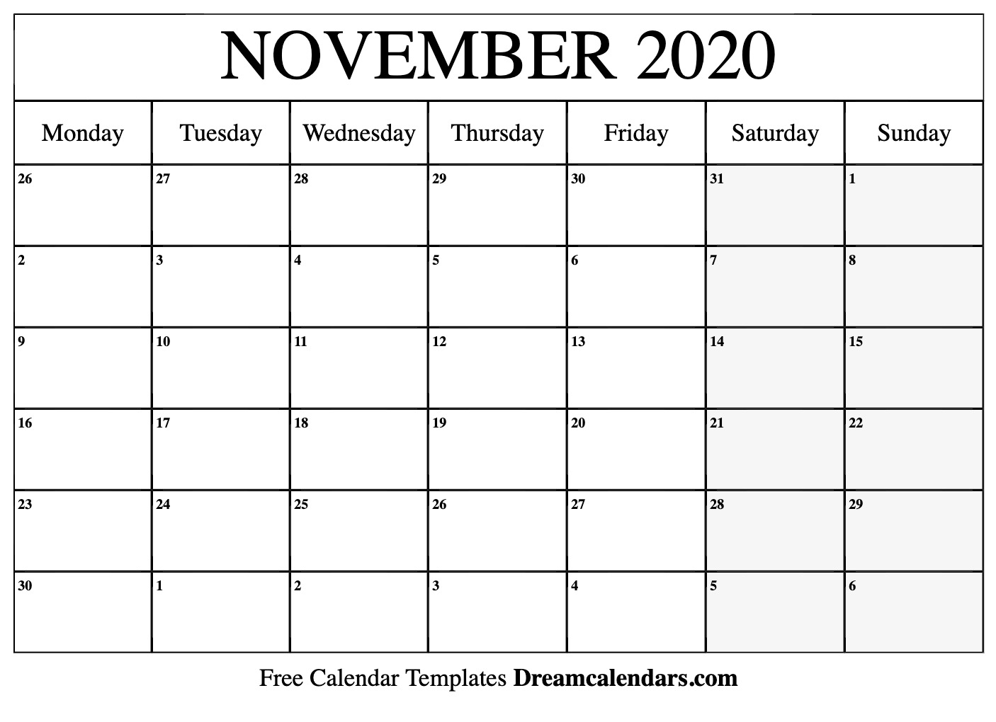 Free November 2020 Printable Calendar | Dream Calendars
