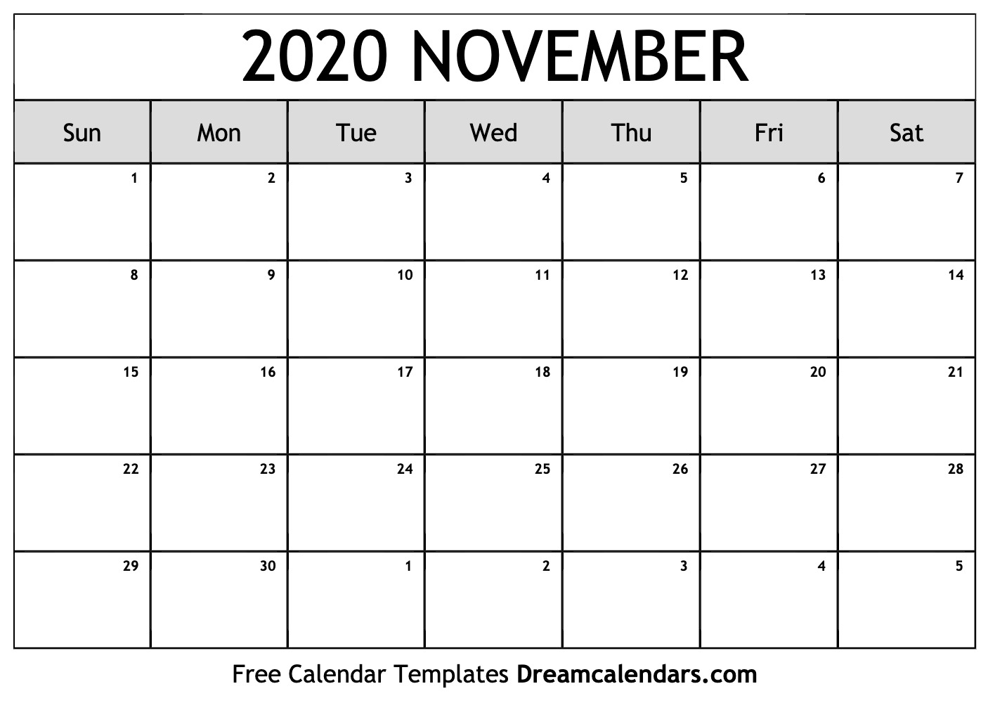 Free November 2020 Printable Calendar | Dream Calendars