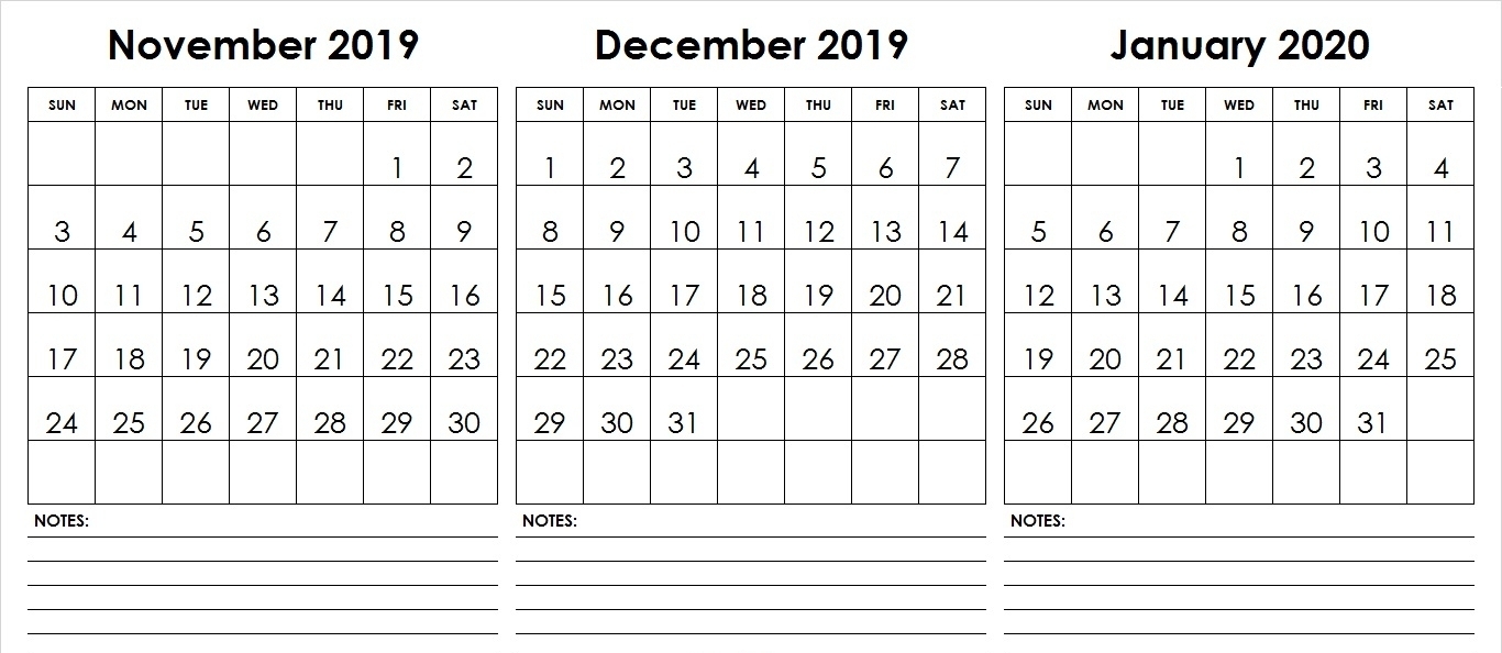 Free November December January 2020 Calendar Printable Pdf