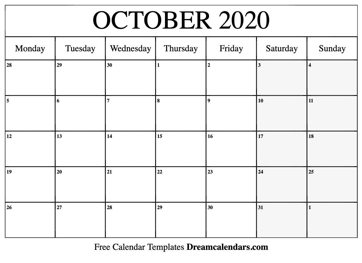 Free October 2020 Printable Calendar | Dream Calendars