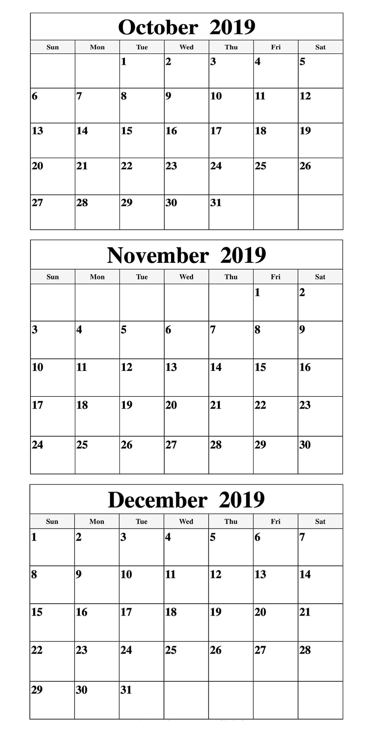 Free October To December 2019 Calendar | Free Printable