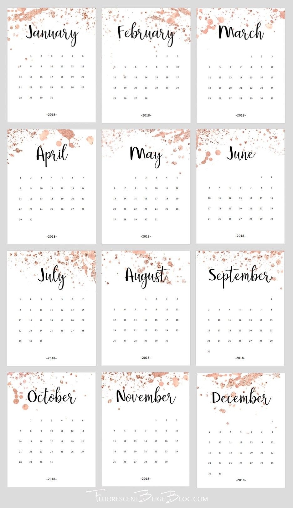 Free Printable 2018 Rose Gold Splatter Calendar | Idea For