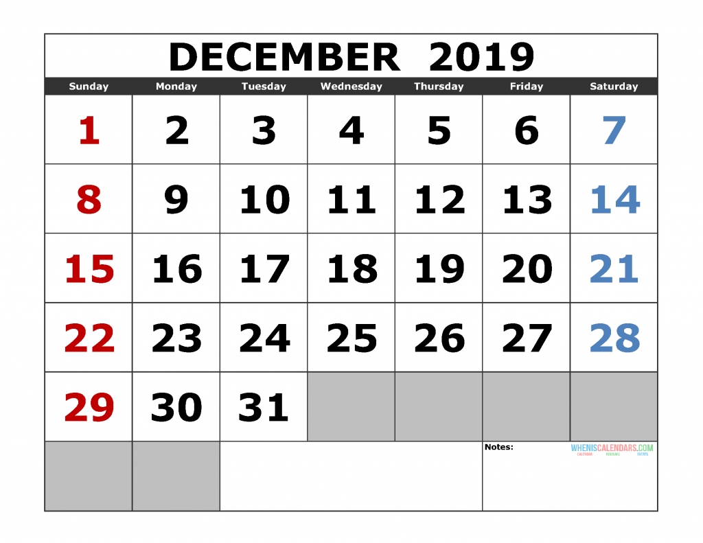 Free Printable 2019 Calendar Template, Landscape Format