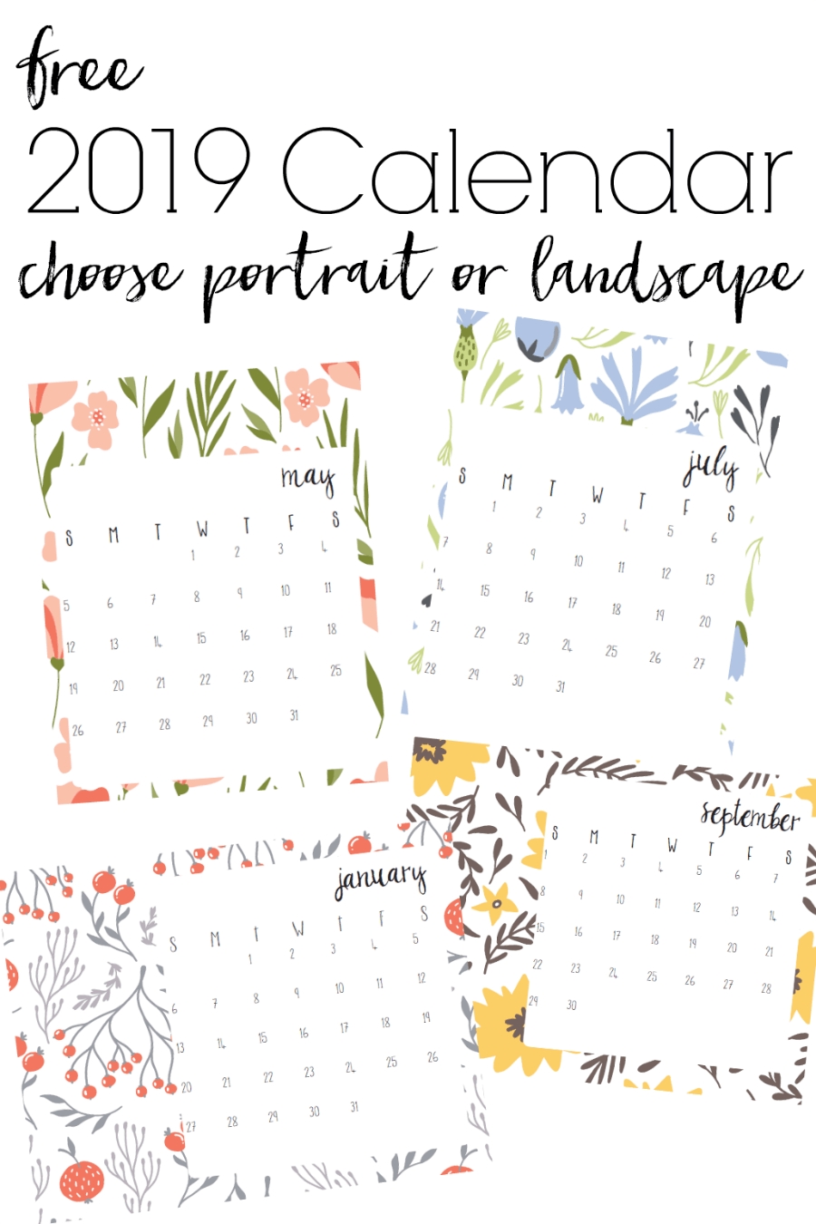 Free Printable 2019 Calendar With Modern Floral Print