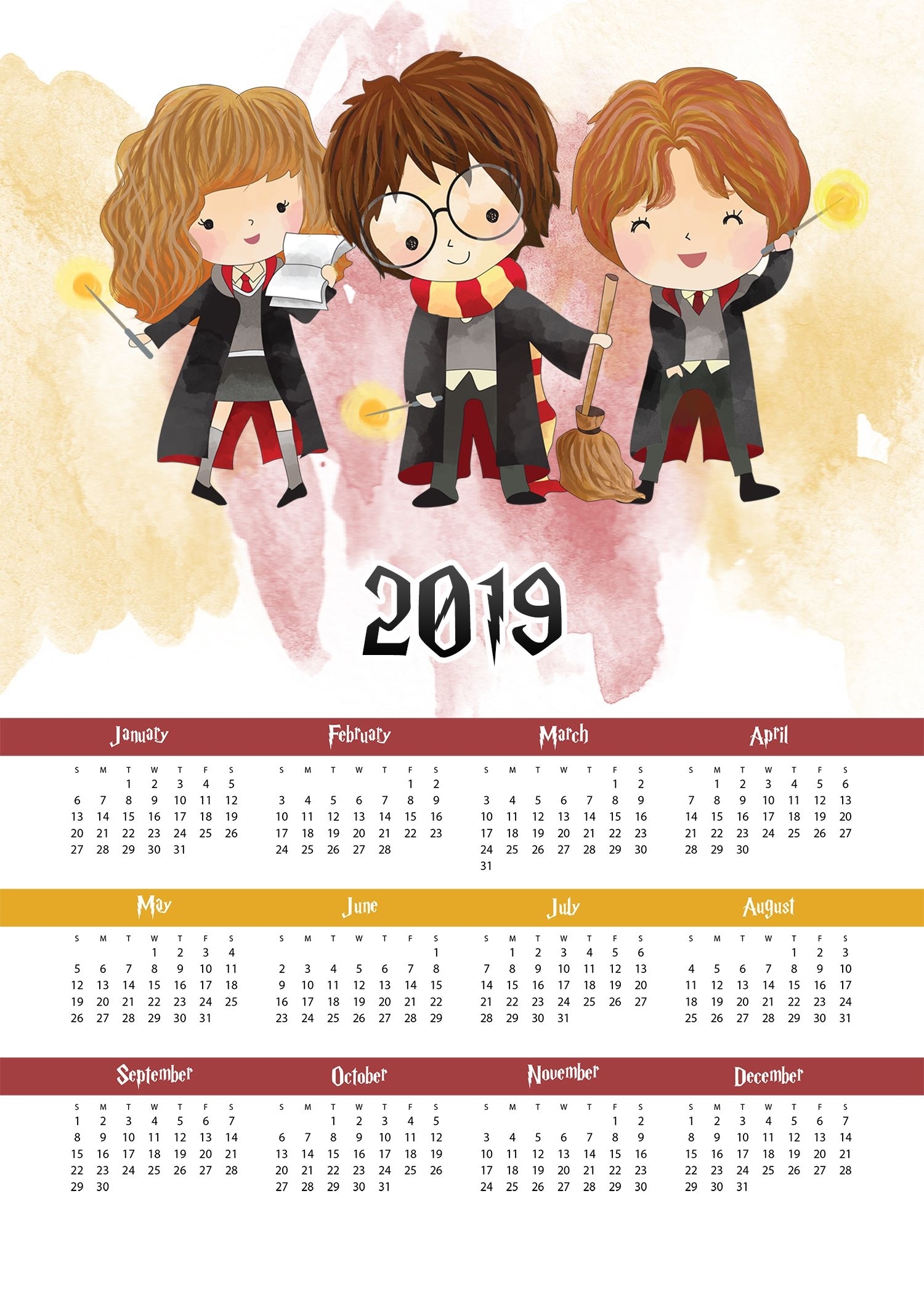 Free Printable 2019 Harry Potter One Page Calendar | Harry
