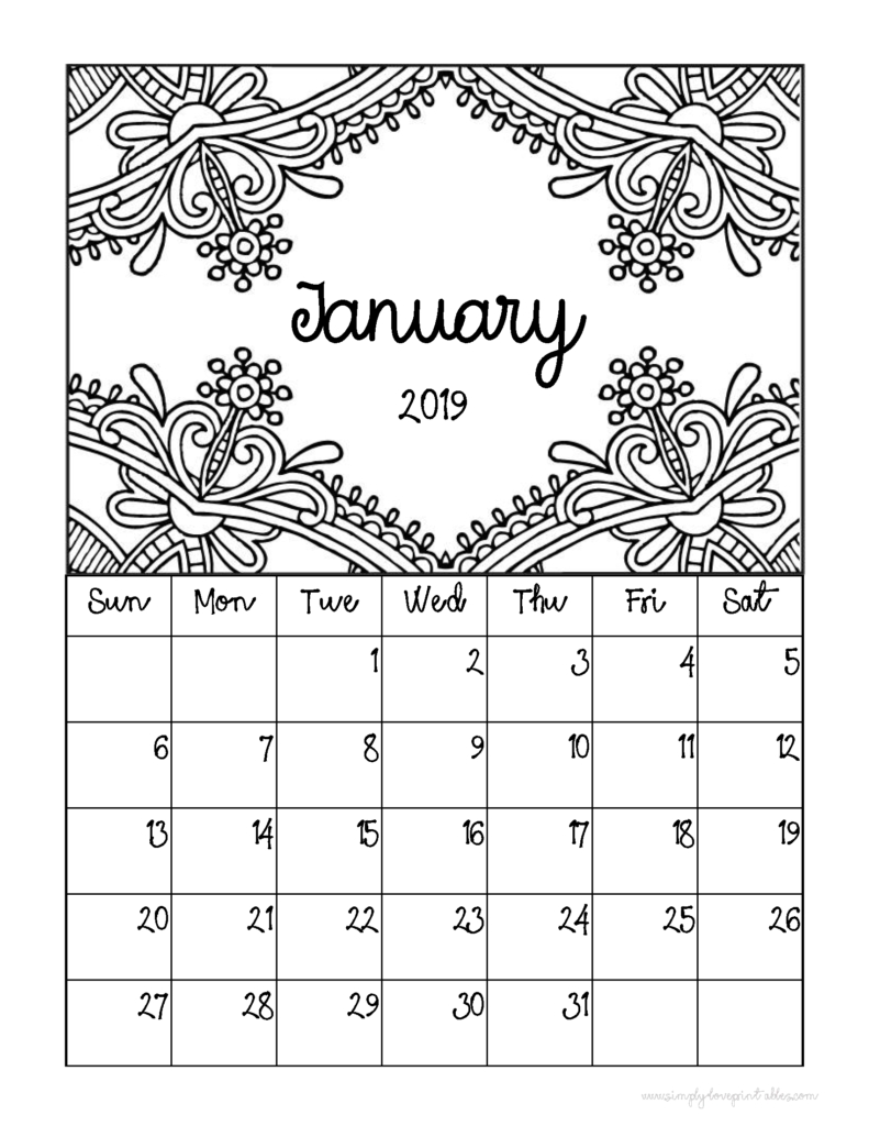 Free Printable 2019 Monthly Coloring Calendar Pages -