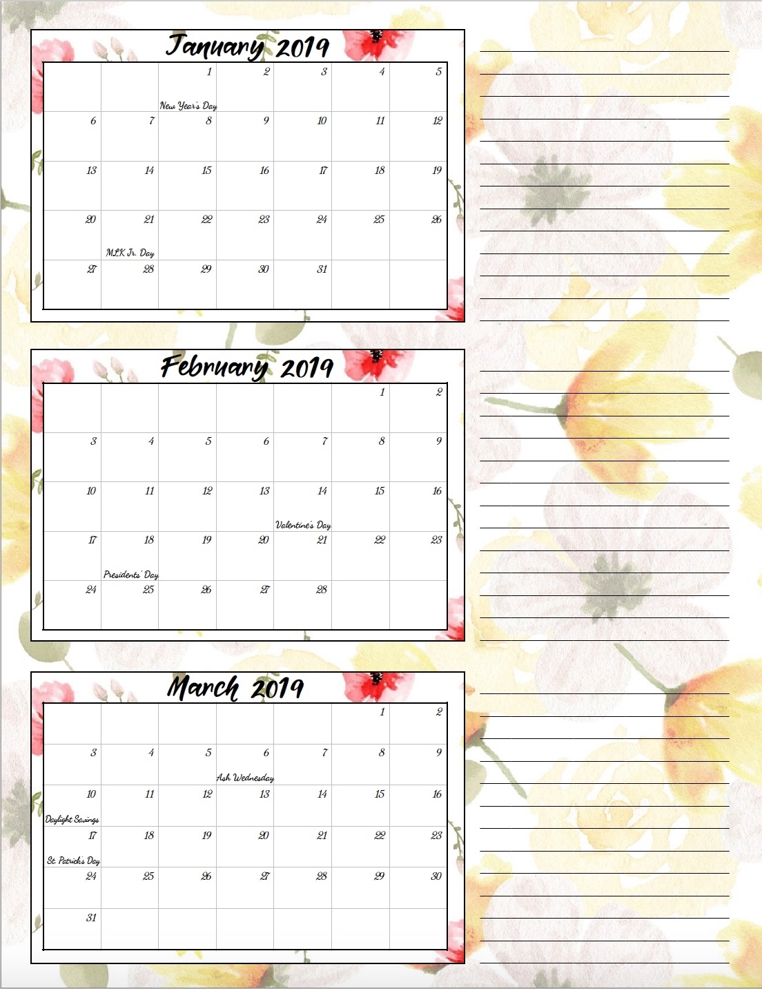 Free Printable 2019 Quarterly Calendars With Holidays: 3 Designs