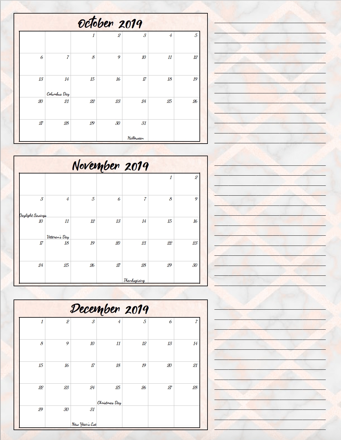 Free Printable 2019 Quarterly Calendars With Holidays: 3 Designs