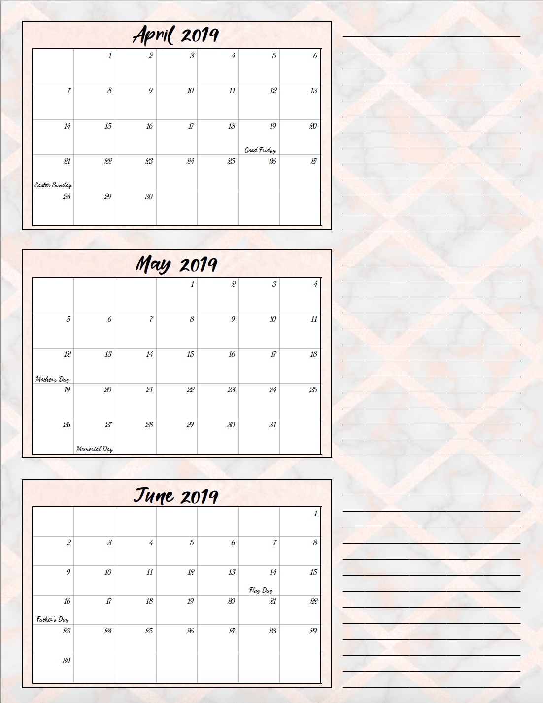 Free Printable 2019 Quarterly Calendars With Holidays: 3 Designs