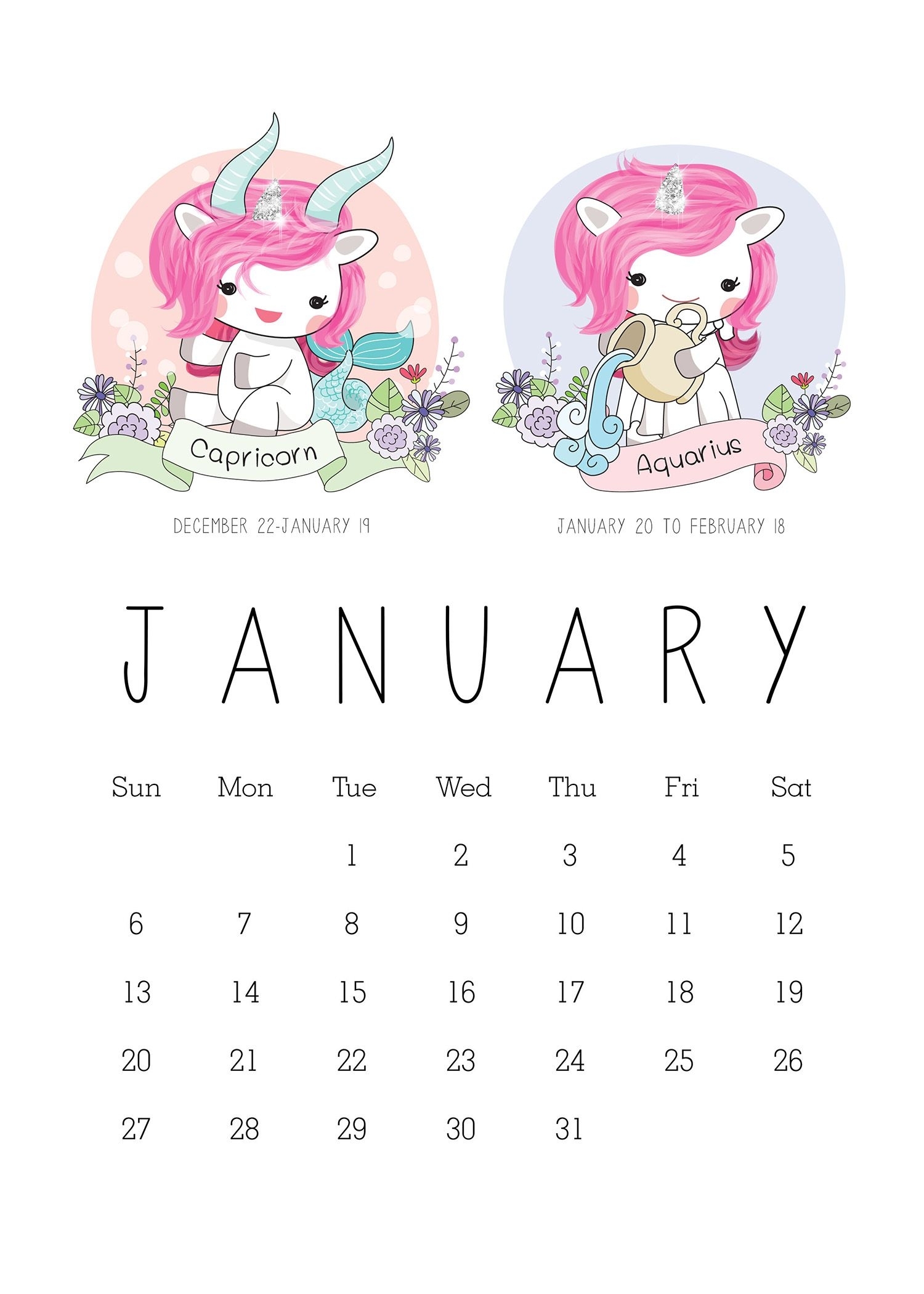 Free Printable 2019 Zodiac Sign Kawaii Unicorn Calendar