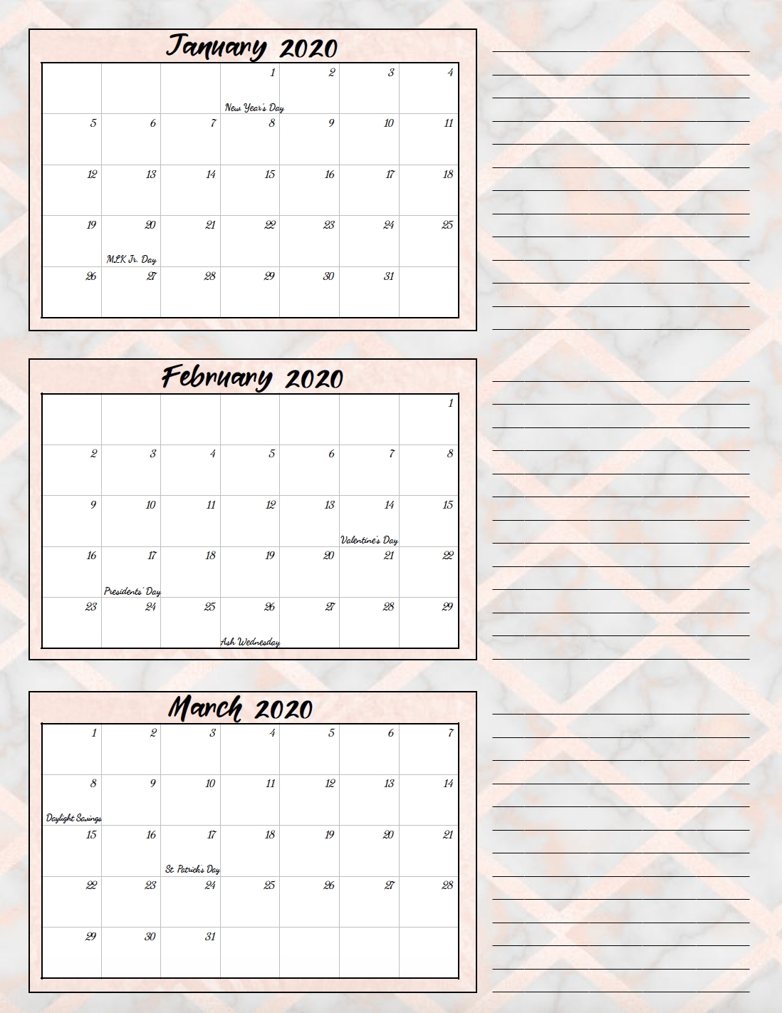 Free Printable 2020 Quarterly Calendars With Holidays: 3 Designs