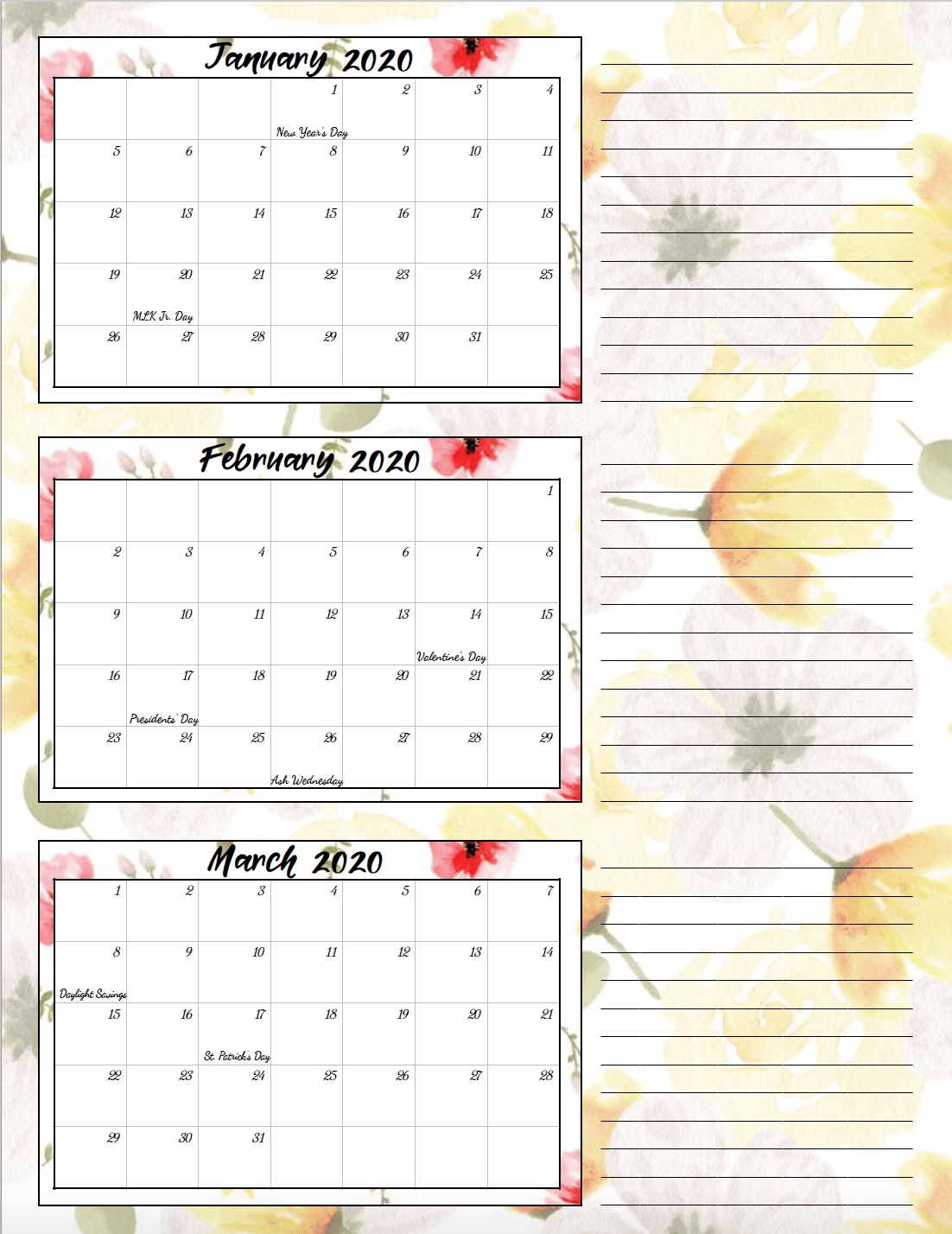 Free Printable 2020 Quarterly Calendars With Holidays: 3 Designs