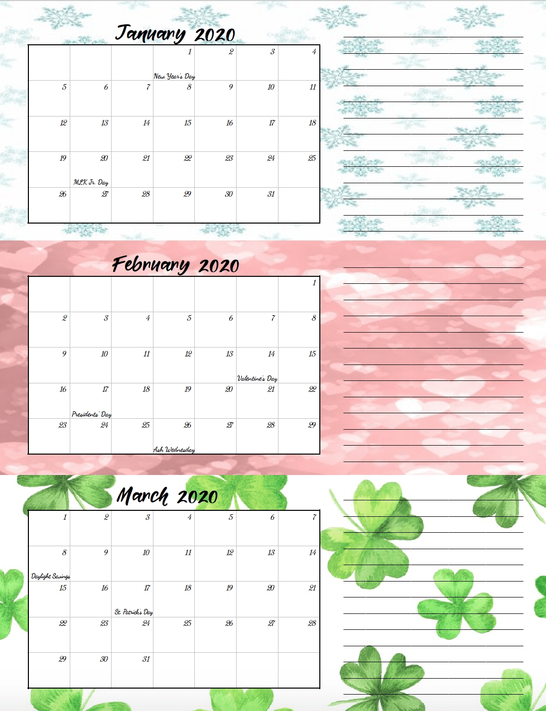 Free Printable 2020 Quarterly Calendars With Holidays: 3 Designs