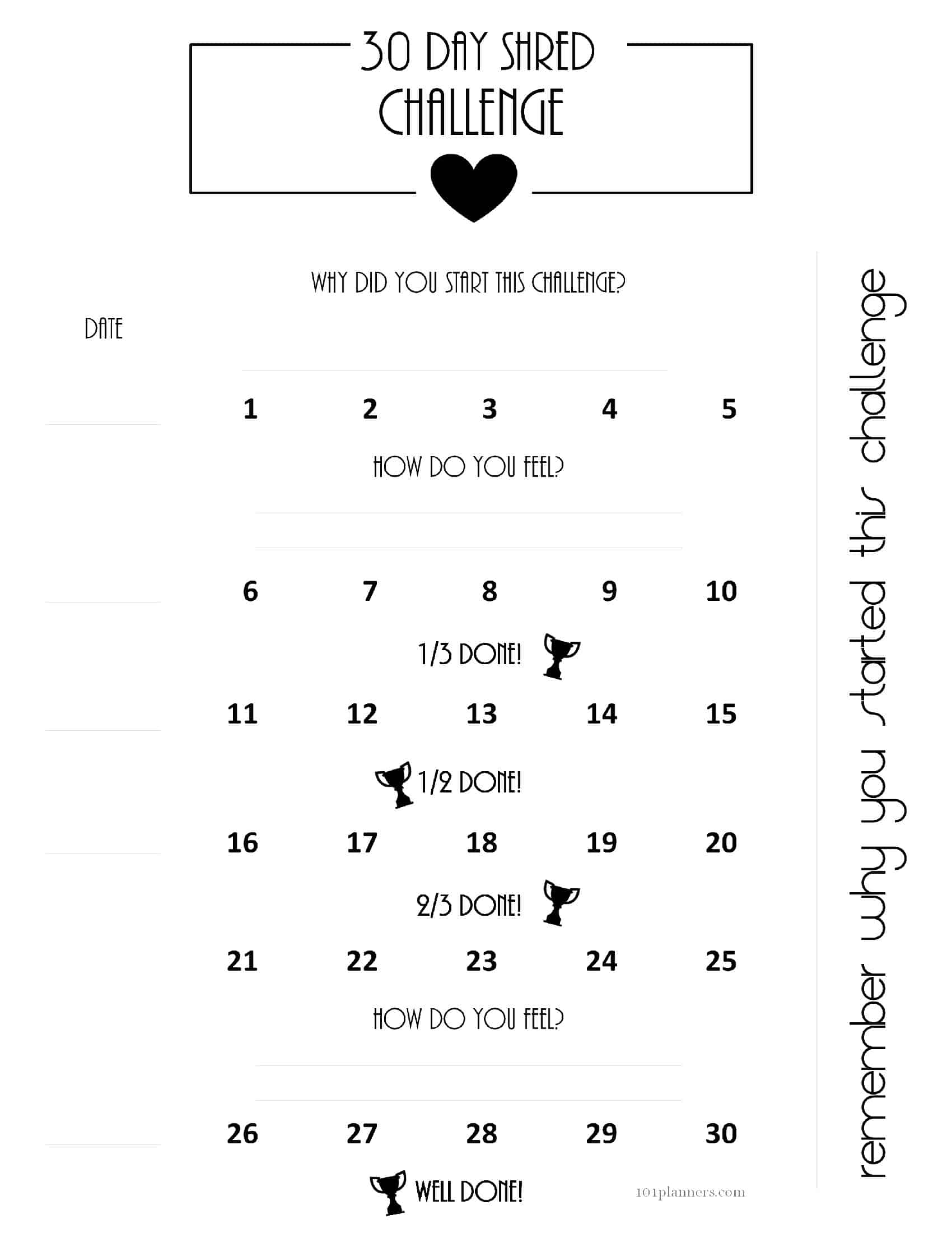 Free Printable 30 Day Shred Calendar