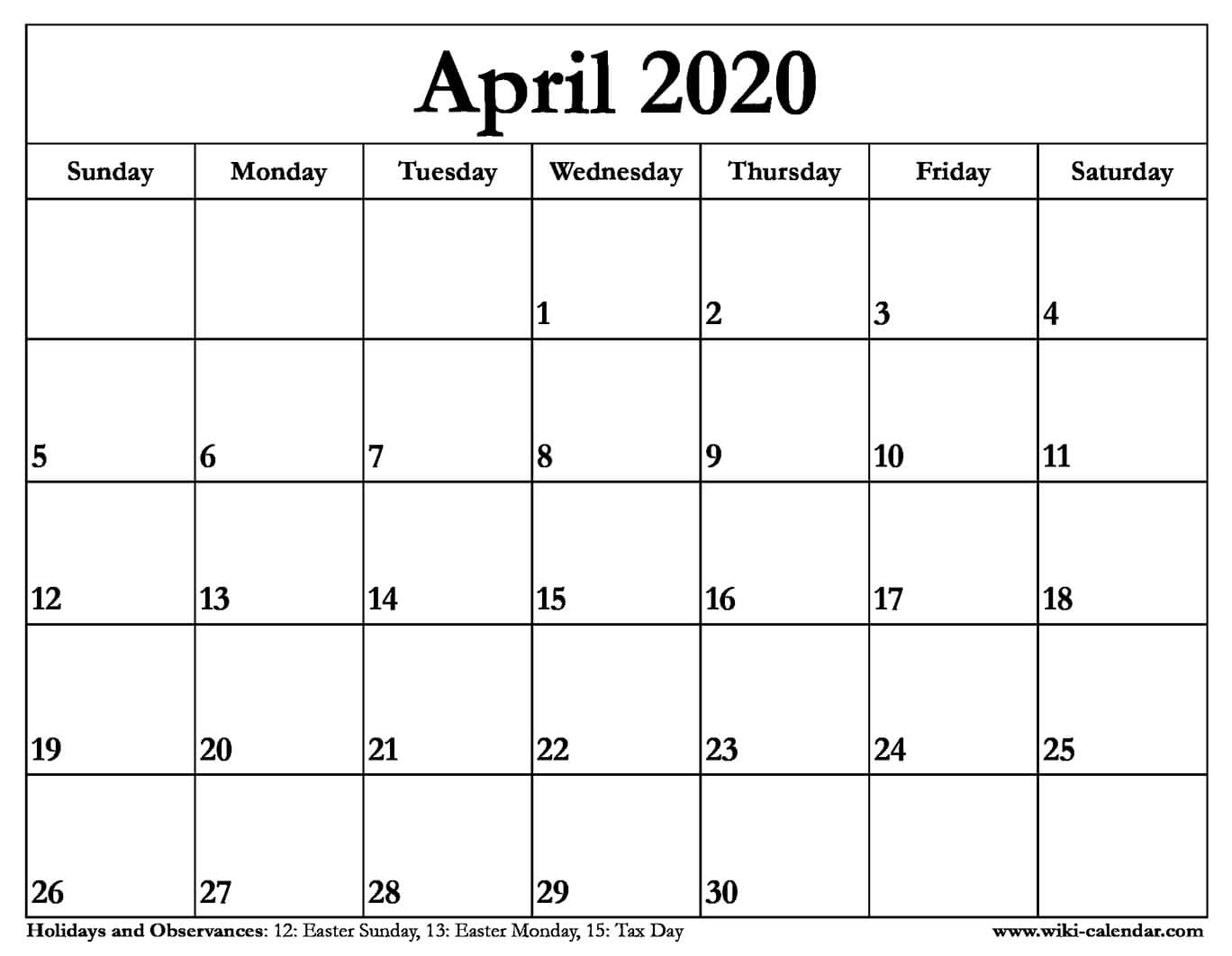 Free Printable April 2020 Calendar
