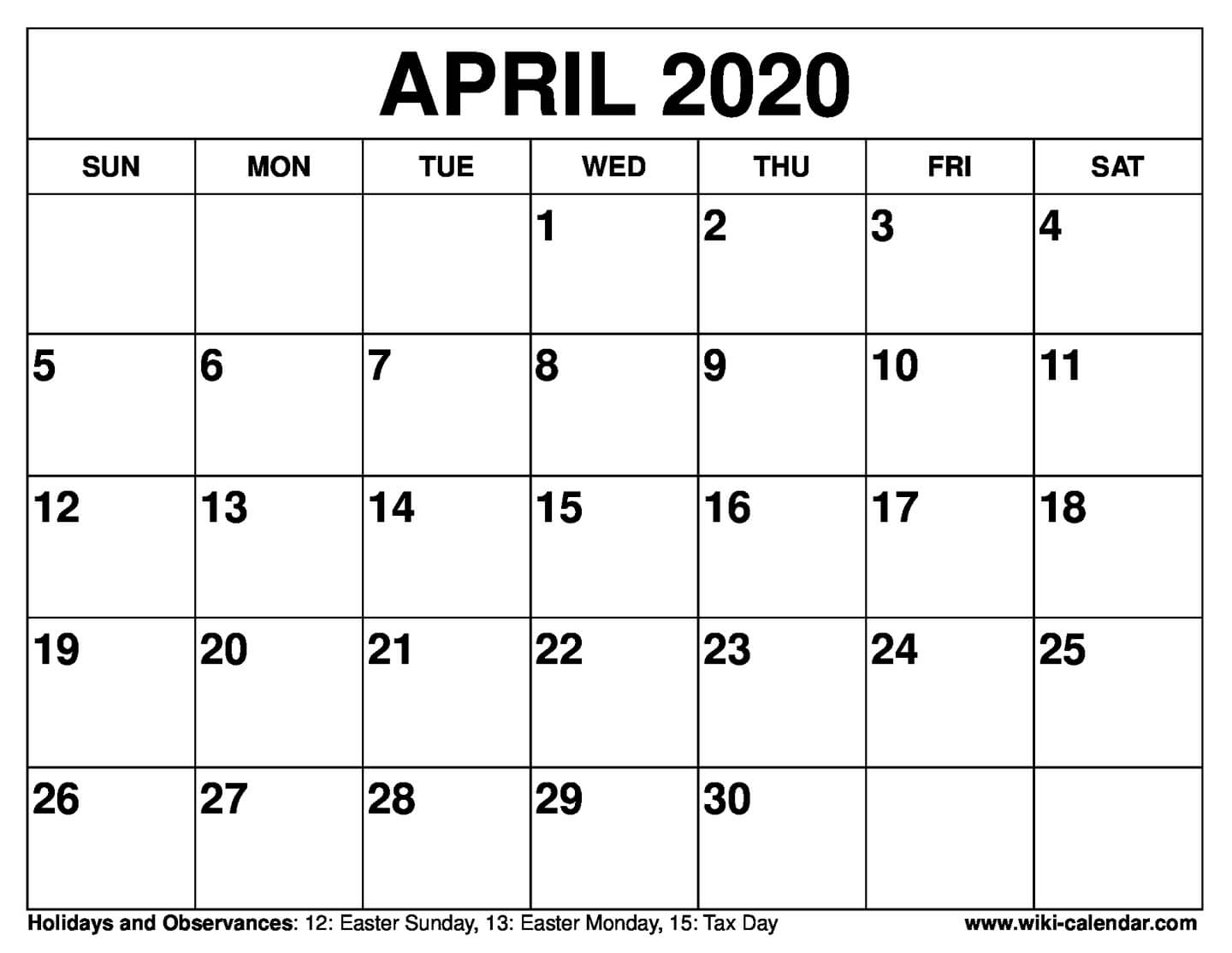 Free Printable April 2020 Calendar